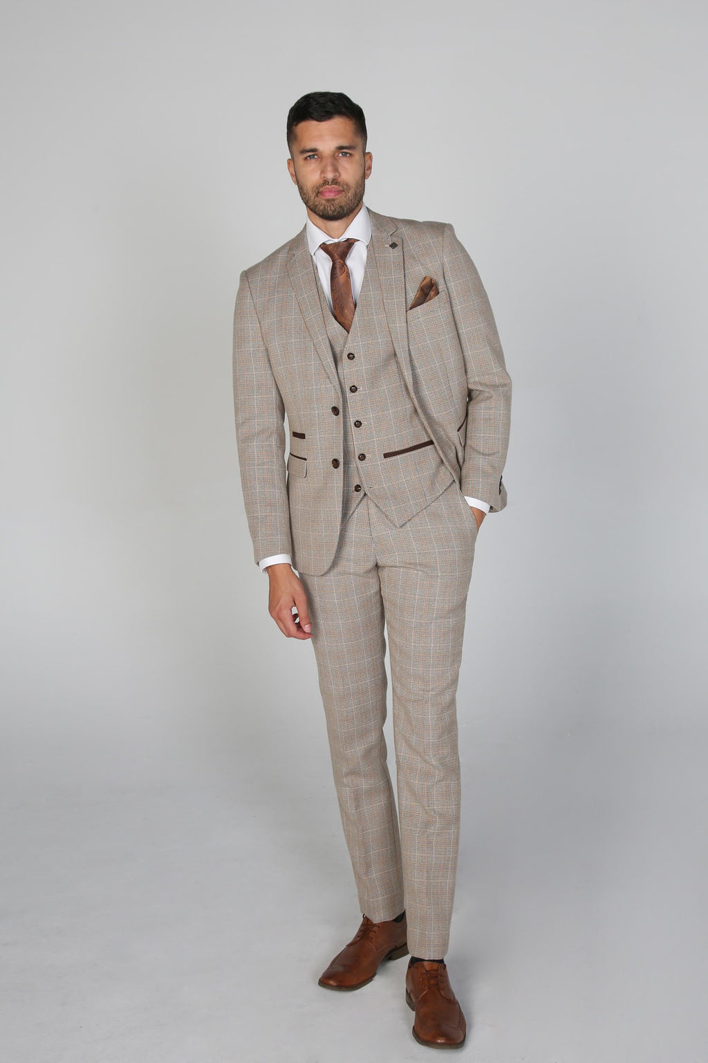 Mens Beige Brown Tweed Check Tailored Fit Suit HOLLAND