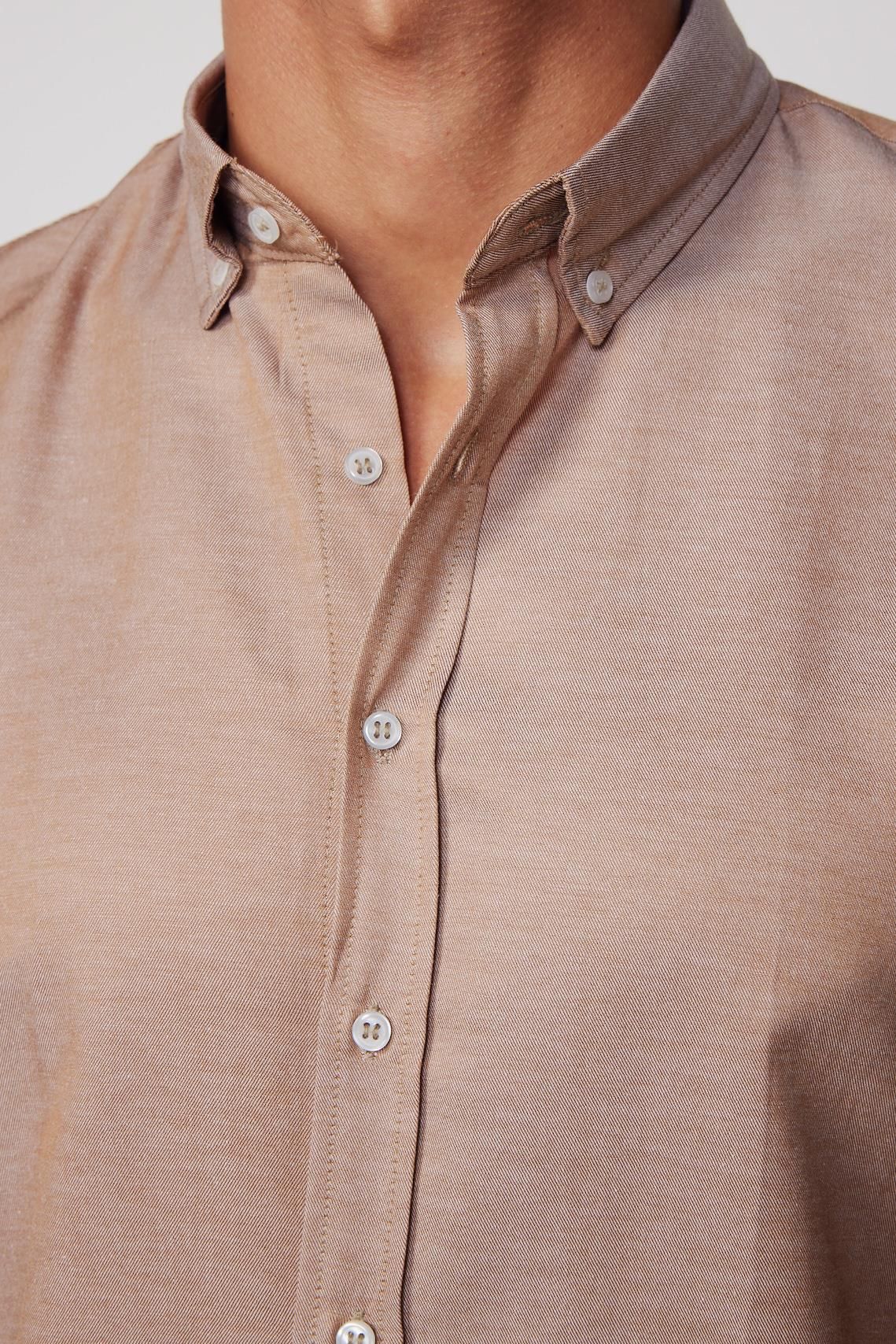 Mens Tan Gabardin Slim Fit Cotton Oxford Button Down Shirt