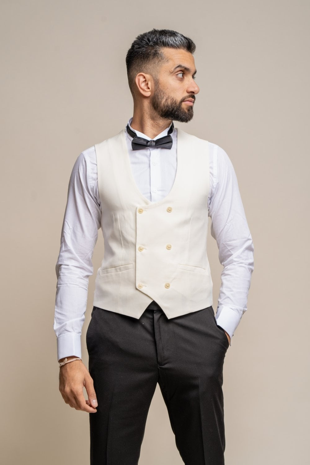 Mens cream slim fit double breasted waistcoat Marco