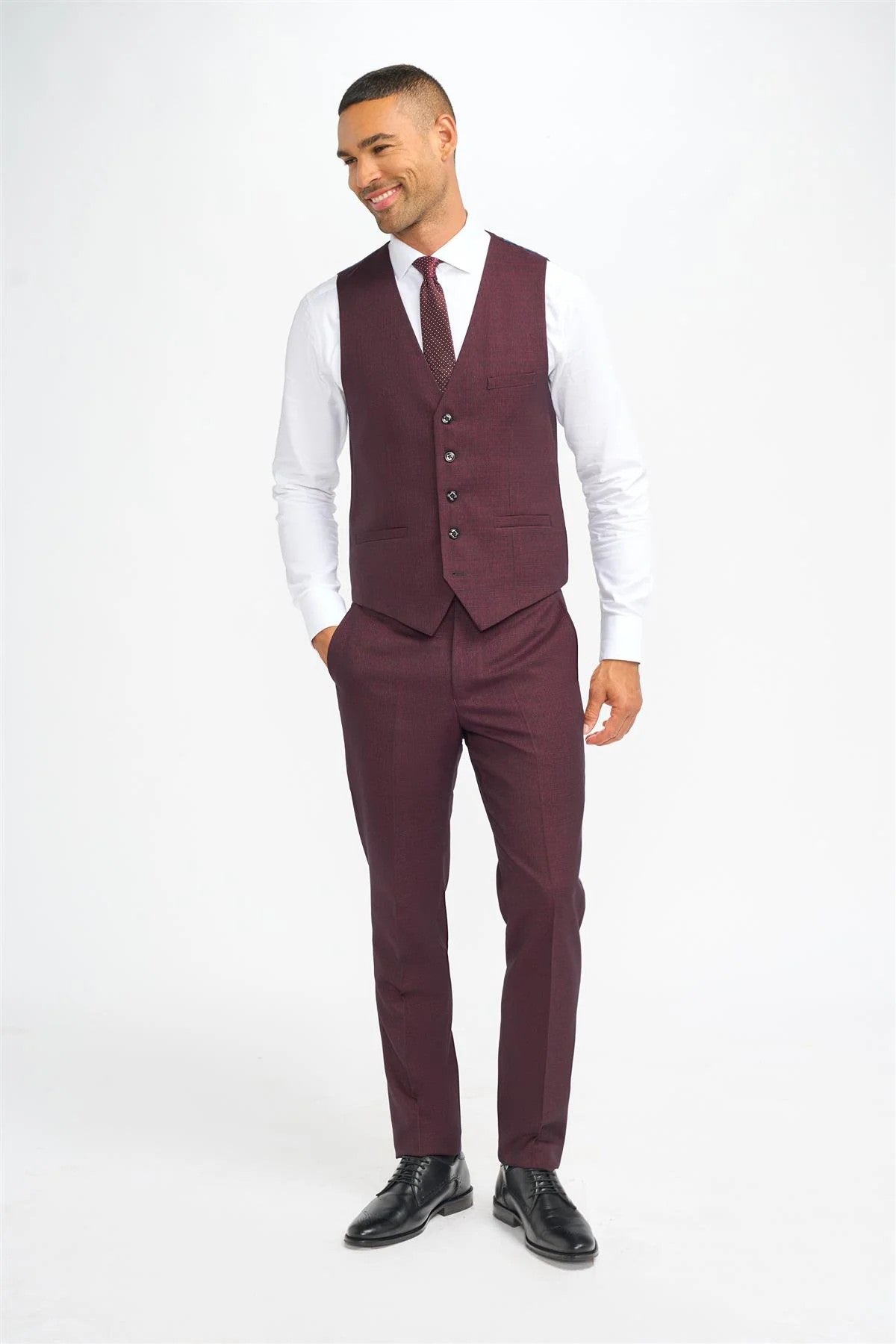 Mens Wine Tweed Glen Check Slim Fit Formal Waistcoat CARIDI
