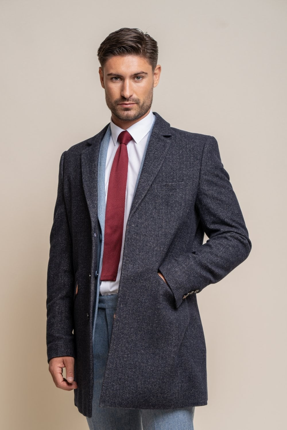 Men’s wool midi coat in azure blue, ROMAN.