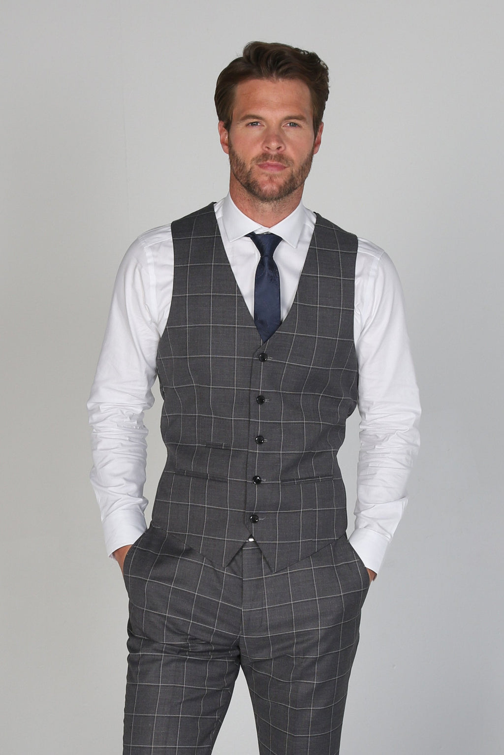 Mens grey windowpane check tailored fit waistcoat Hobbs