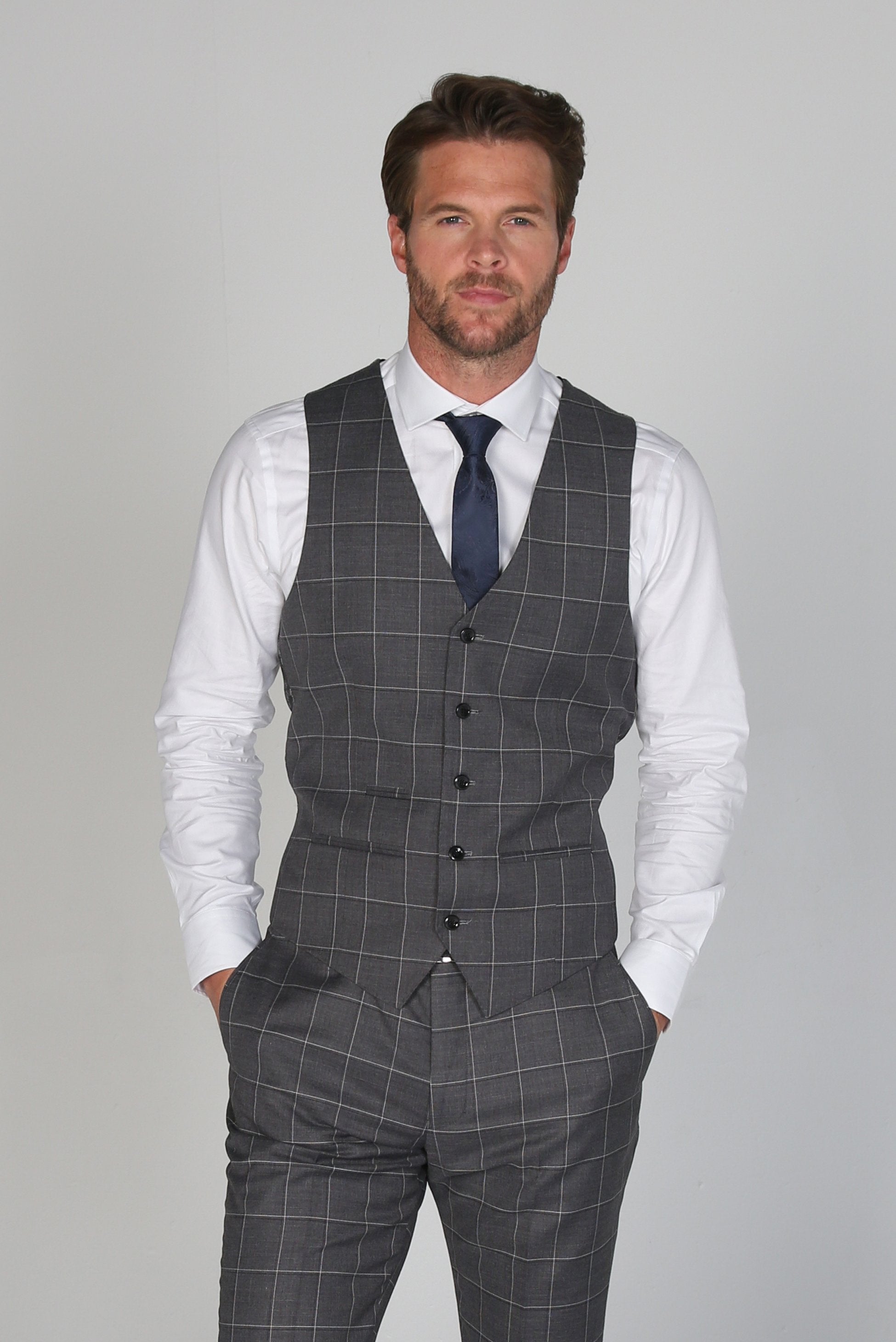Mens grey windowpane check tailored fit waistcoat Hobbs