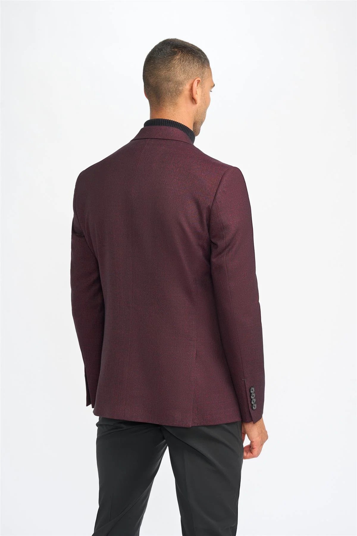 Men's Tweed Glen Check Slim Fit Suit Jacket - CARIDI - Wine