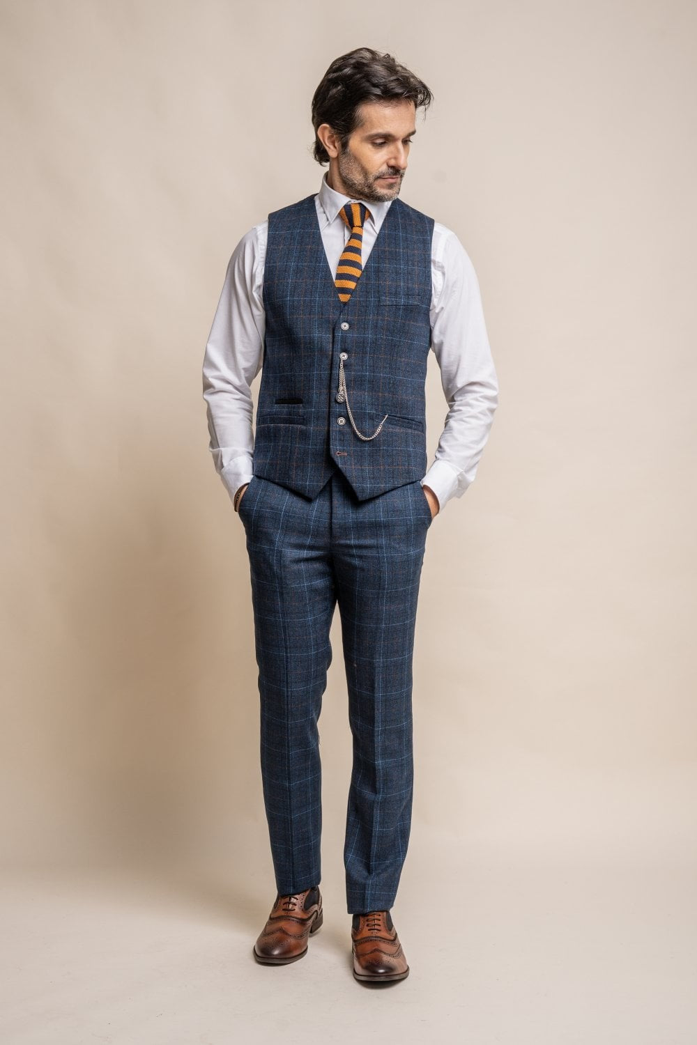 Mens Navy Tweed Windowpane Check Waistcoat CODY