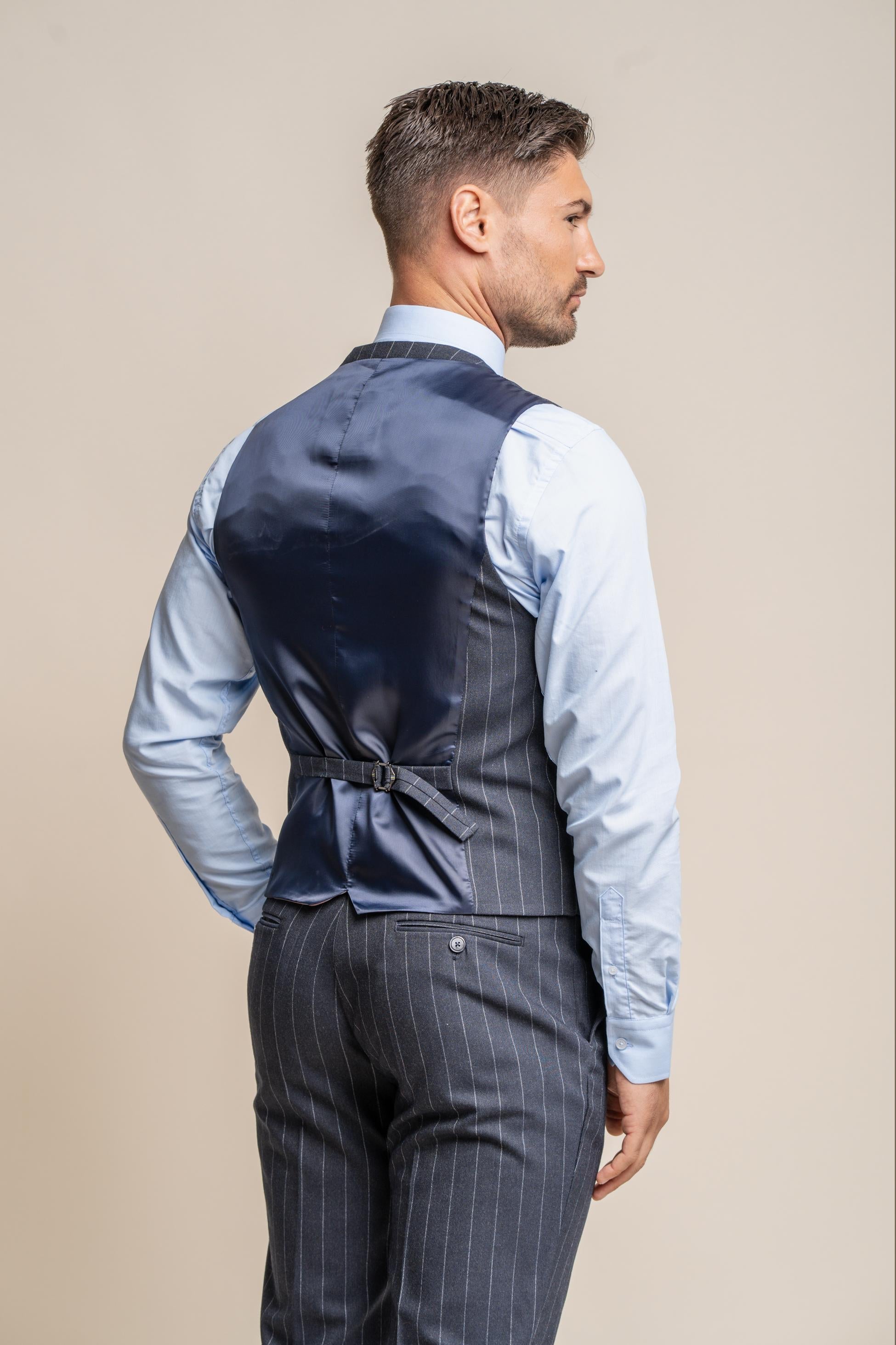Invincible Navy Blue Men's Pinstripe Slim Fit Suit