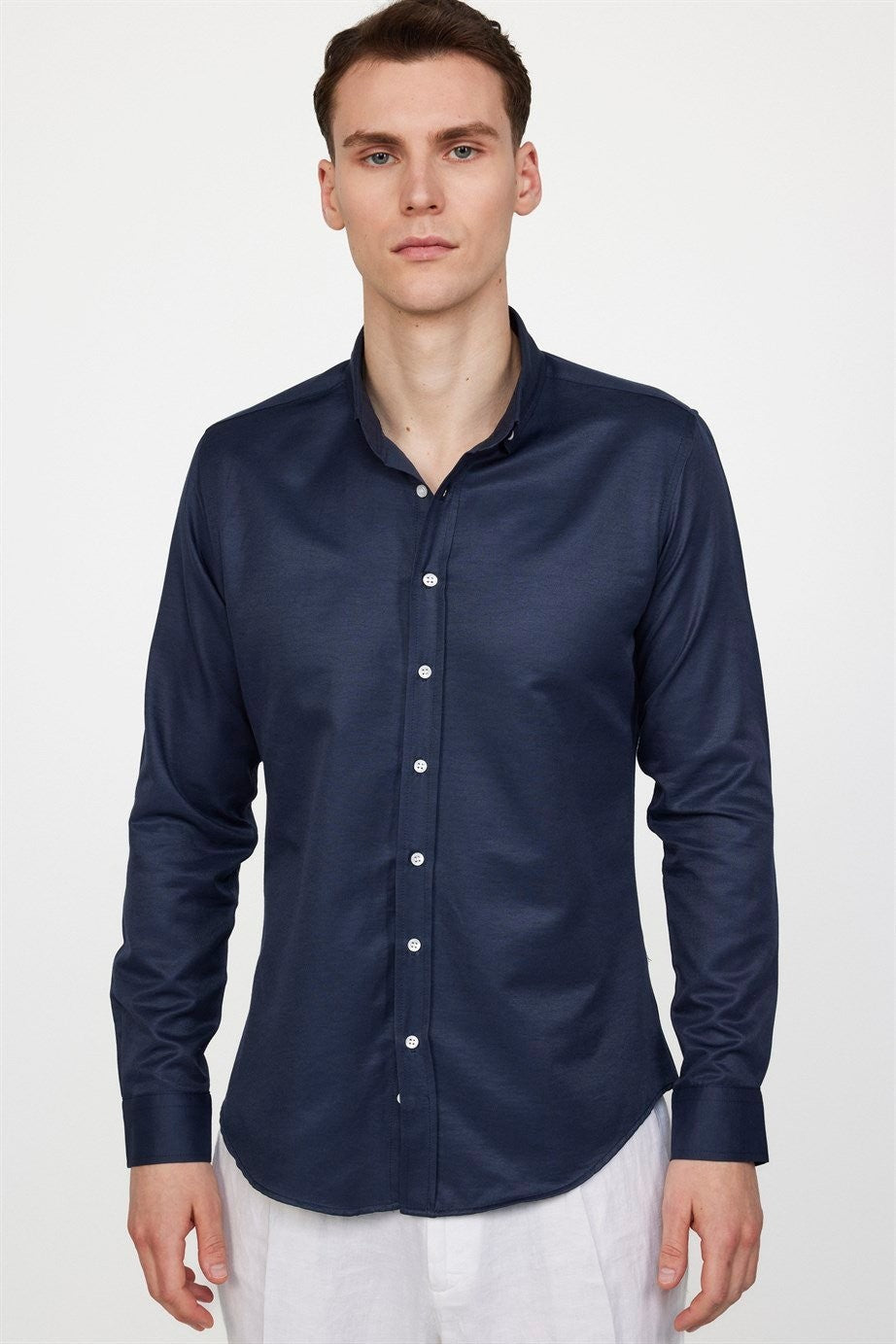 Mens Gabardin Navy Slim Fit Cotton Oxford Button Down Shirt