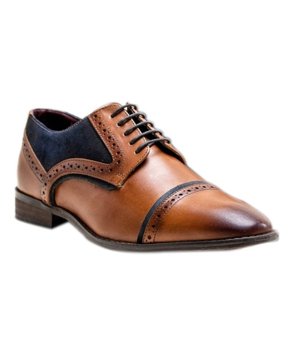Mens Tan Brown Navy Genuine Leather and Tweed Brogue Shoes FARO