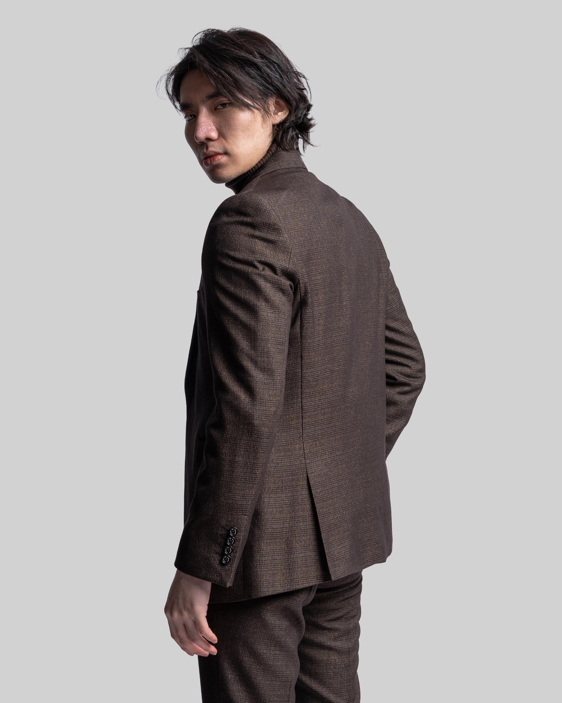 Men's Tweed Glen Check Slim Fit Suit Jacket - CARIDI - Brown