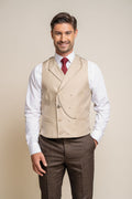 Mens beige slim fit double breasted waistcoat Lennox