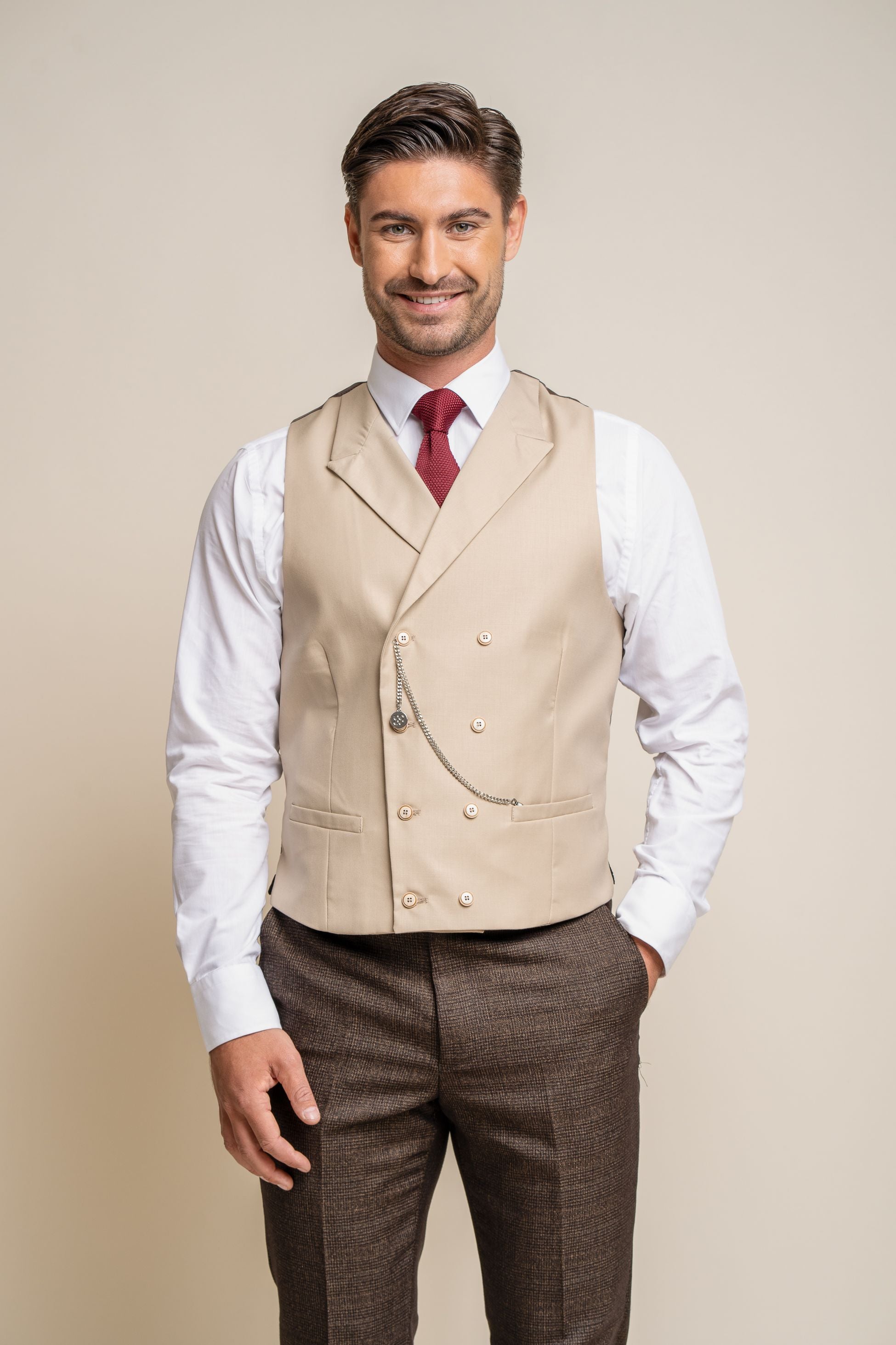 Mens beige slim fit double breasted waistcoat Lennox