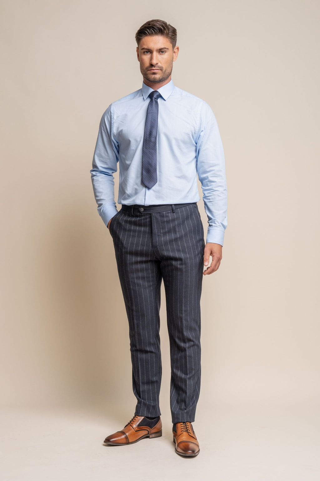 Invincible Navy Blue Men's Pinstripe Slim Fit Suit