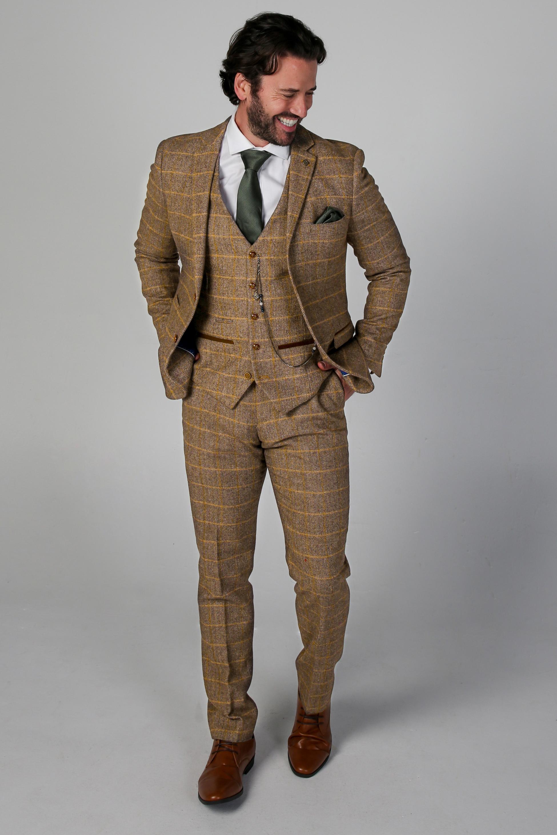 Men's Harris Cognac Brown Tweed Windowpane Formal Suit