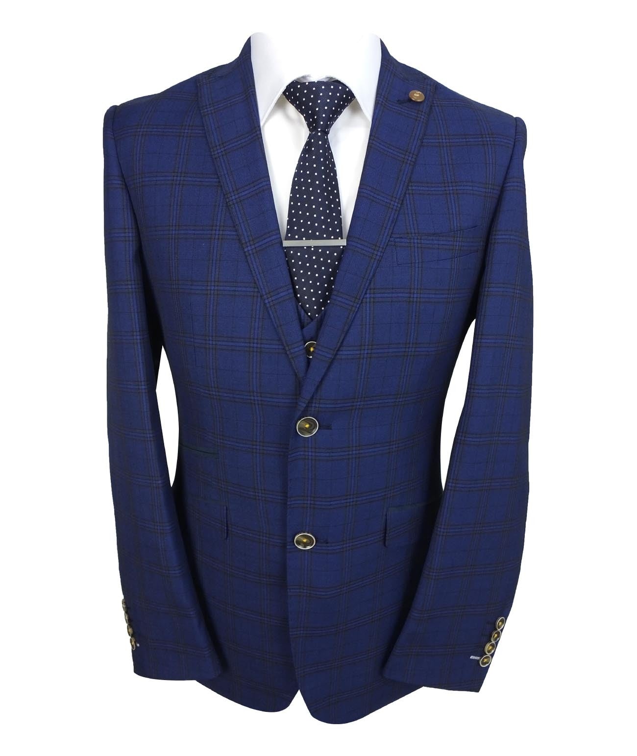 Men's Marcello Navy Blue Check 3-Piece Slim Fit Suit