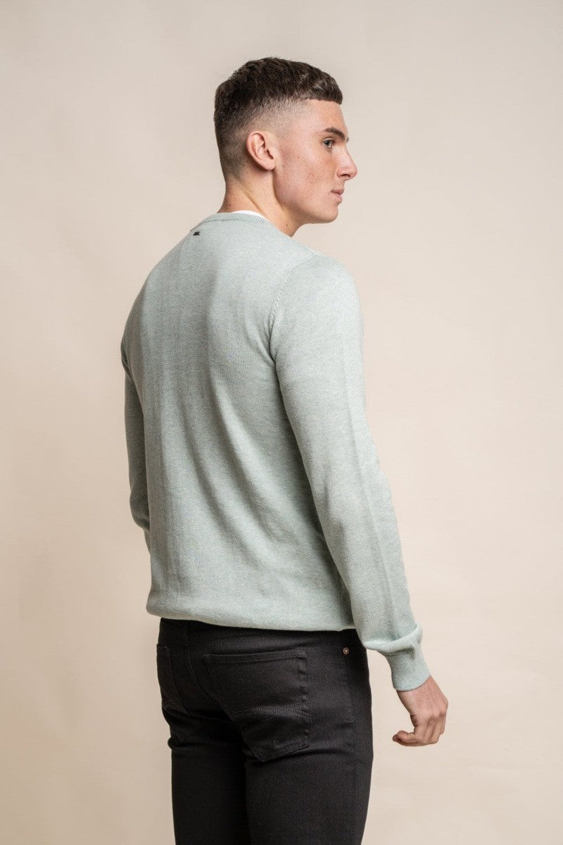 Mens Almond Green Cotton Slim Fit Crewneck Jumper