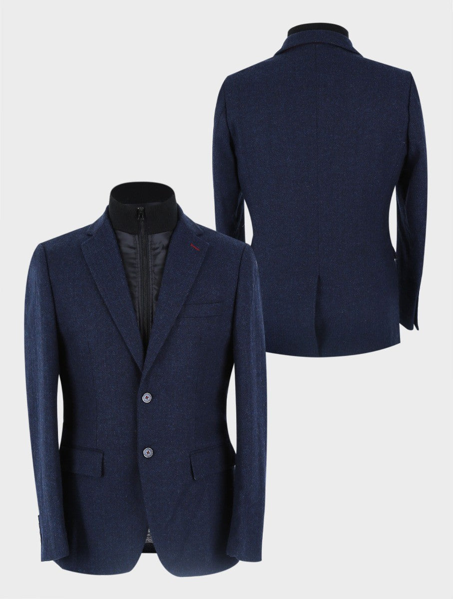 Mens Navy Herringbone Coat with Removable Zipper