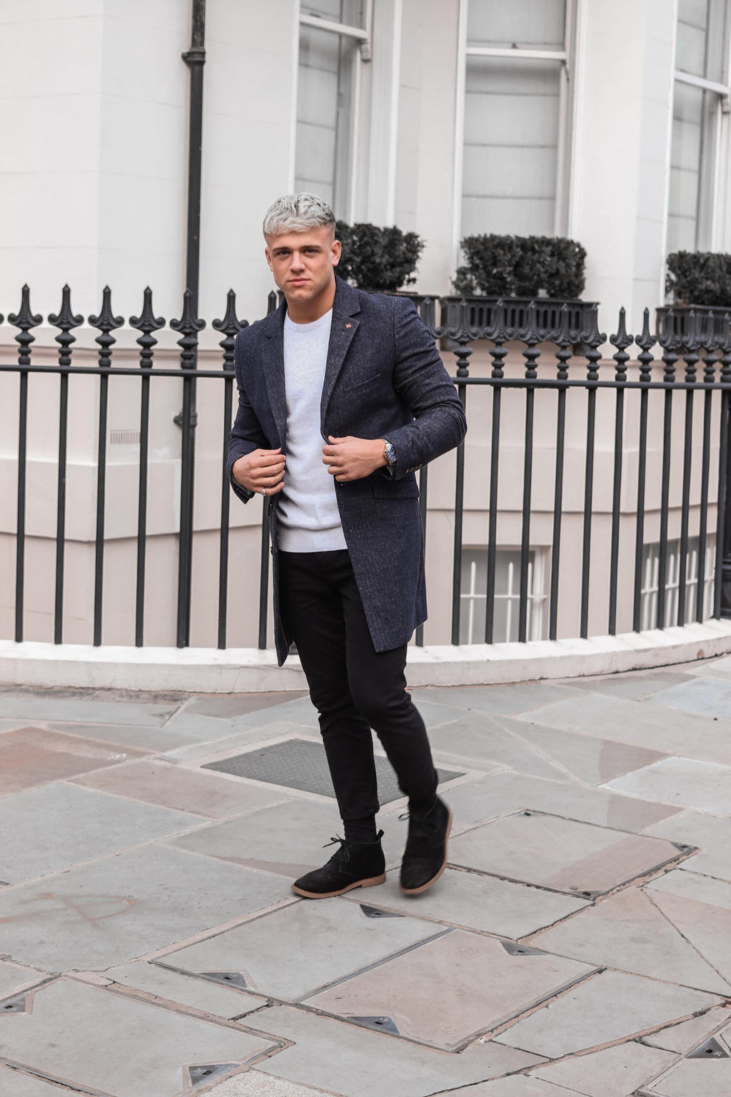 Men's azure blue wool midi coat, ROMAN.