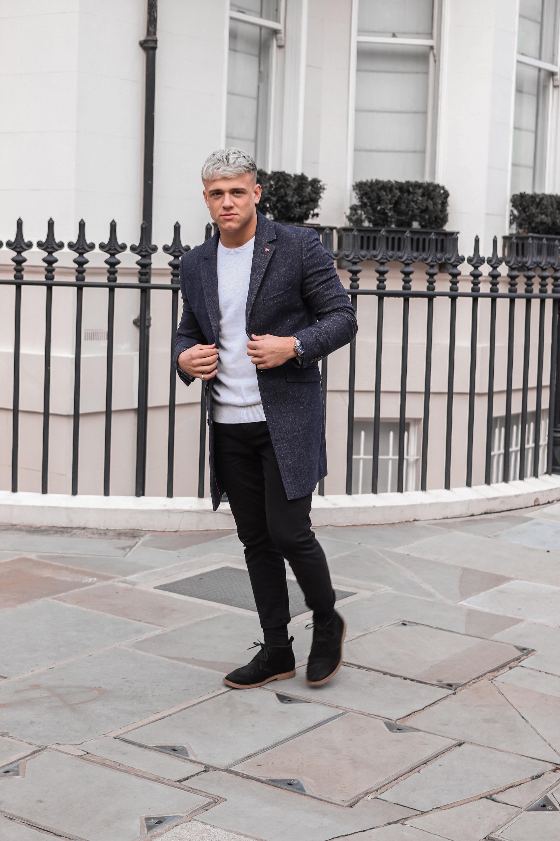 Men's azure blue wool midi coat, ROMAN.