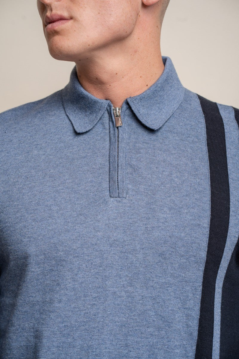 Mens Mid Blue Cotton Polo Side Stripe Jumper DIABLO