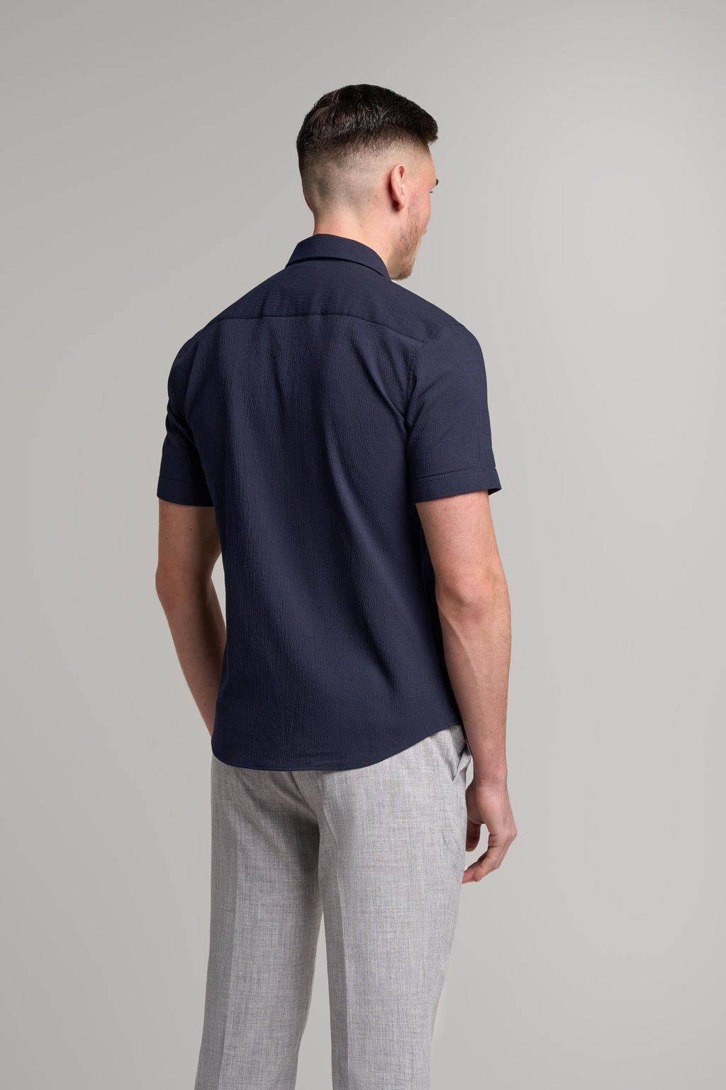 Mens Kai Navy Blue Textured Cotton Slim Fit Shirt