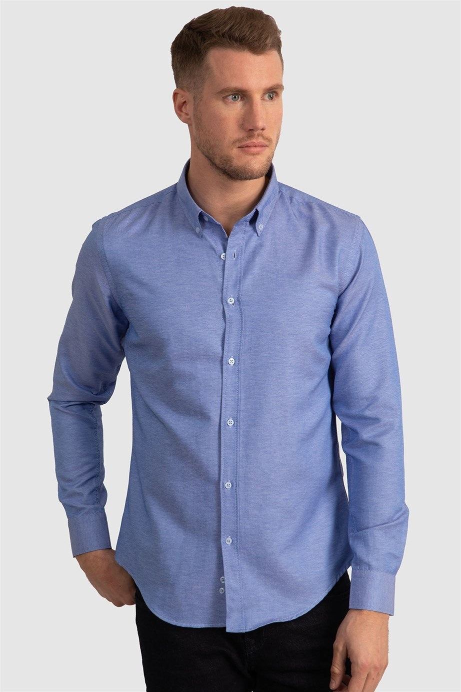 Mens Gabardin Blue Slim Fit Cotton Oxford Button Down Shirt