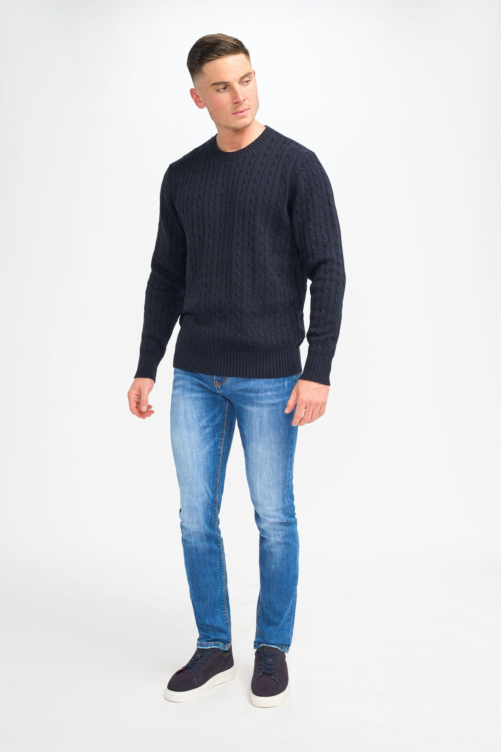 Mens Navy Wool Cable Knit Pullover Jumper FOSTON