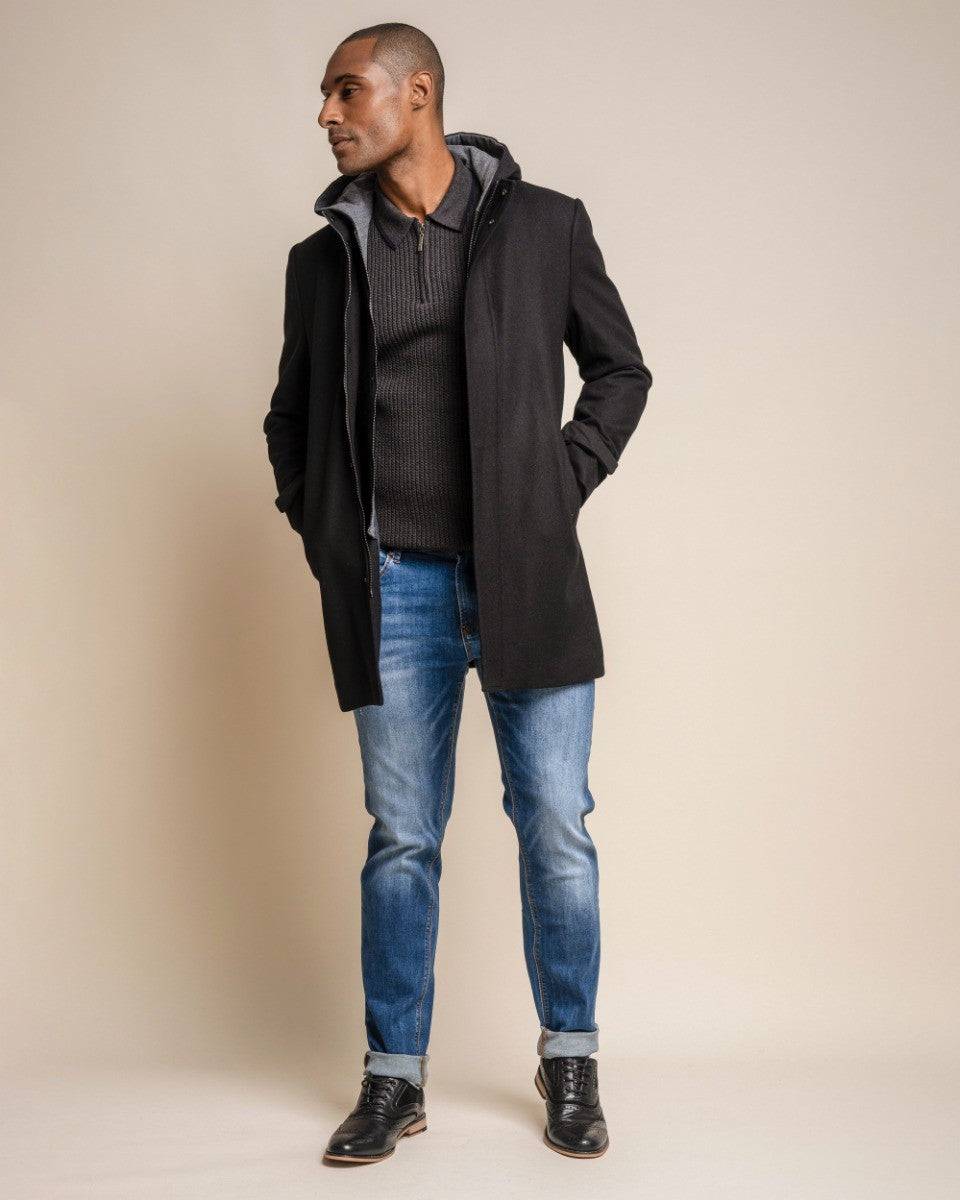 Men's black wool-blend hooded coat, MICHIGAN.