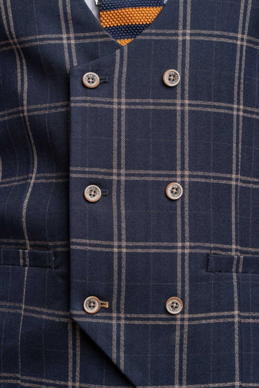 Mens Navy Retro Check Double Breasted Waistcoat HARDY