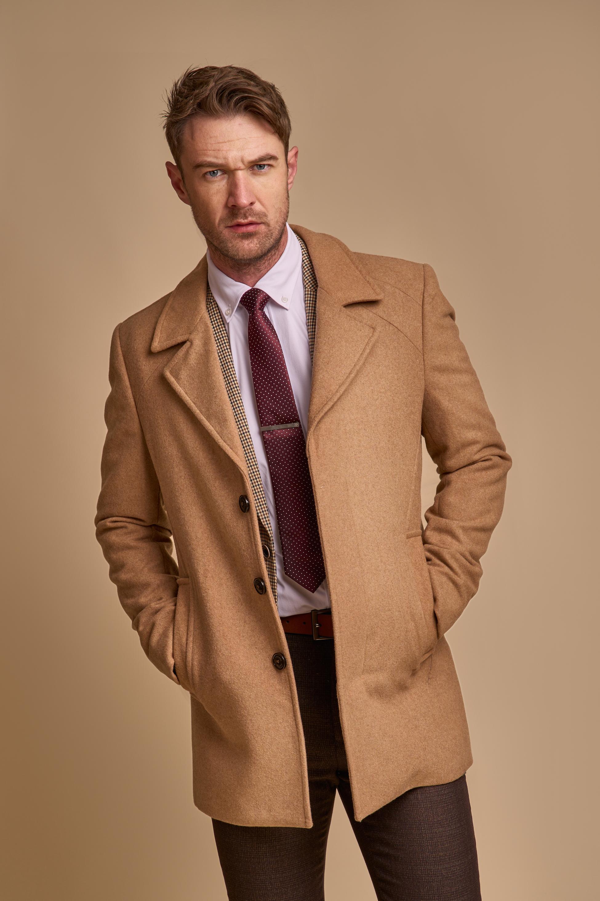 Men’s slim-fit wool-blend coat in camel brown, MARCUS.