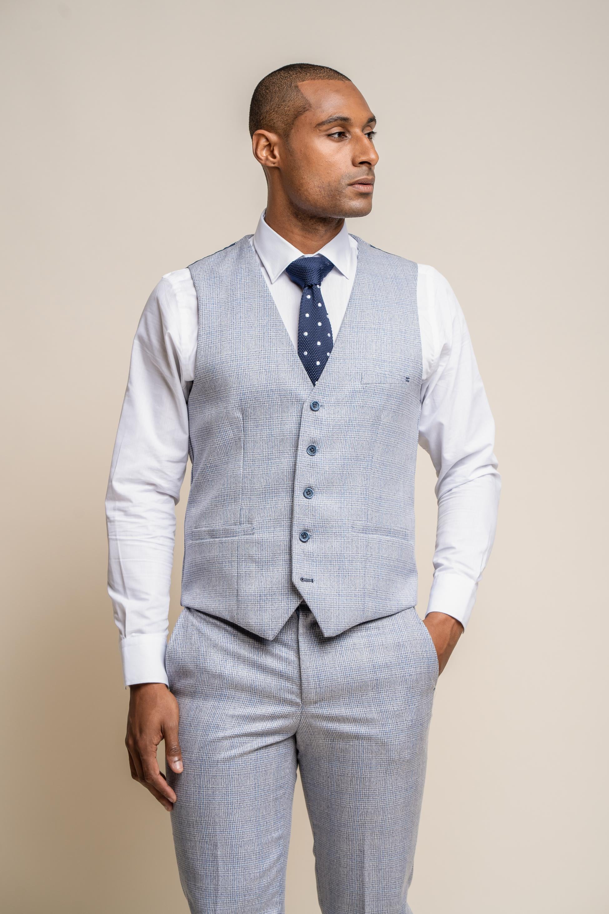 Mens blue tweed glen check slim fit formal waistcoat Caridi