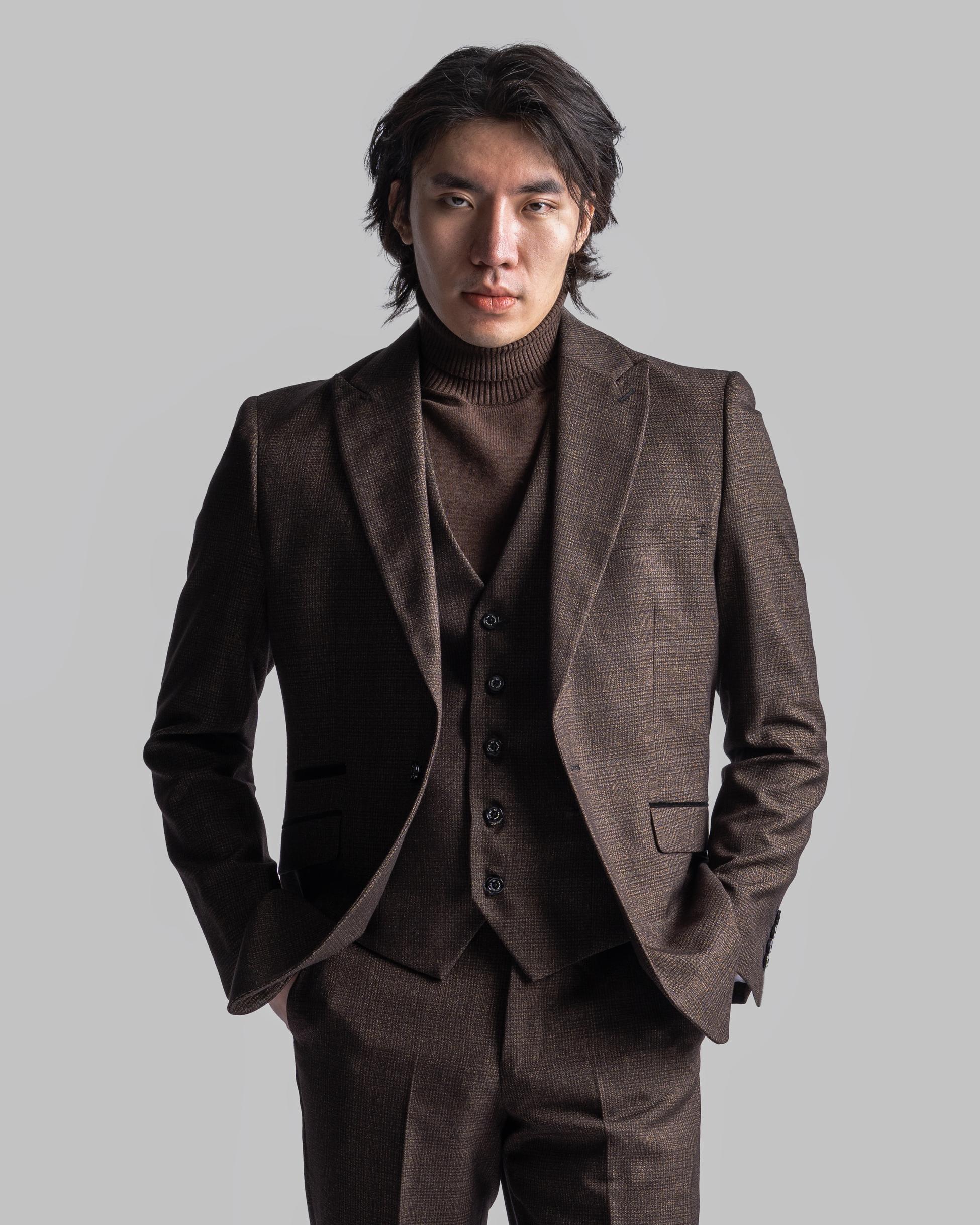 Men's Tweed Glen Check Slim Fit Suit Jacket - CARIDI - Brown