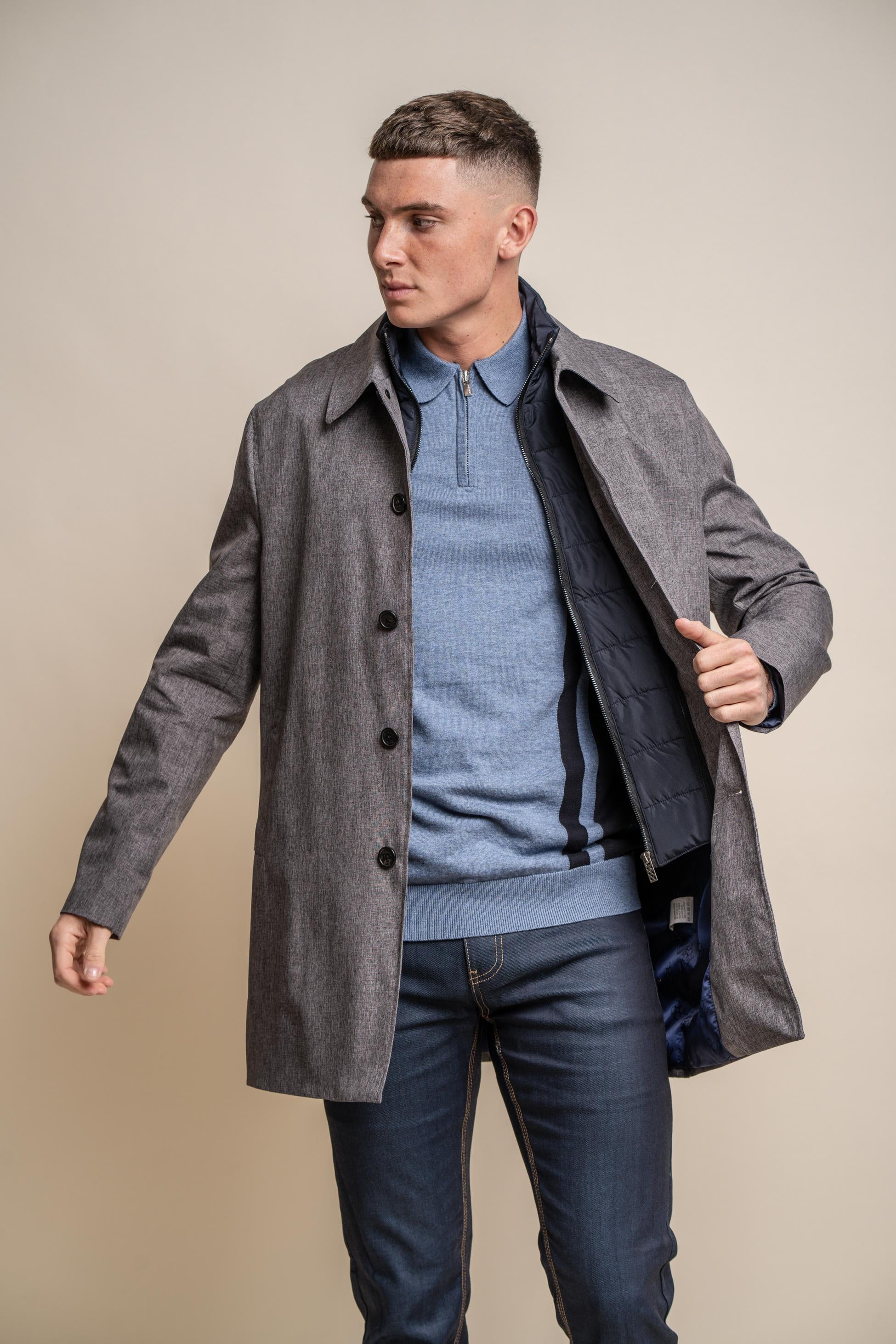 Men's grey midi-length Geke coat with removable zipper, BRANDO.