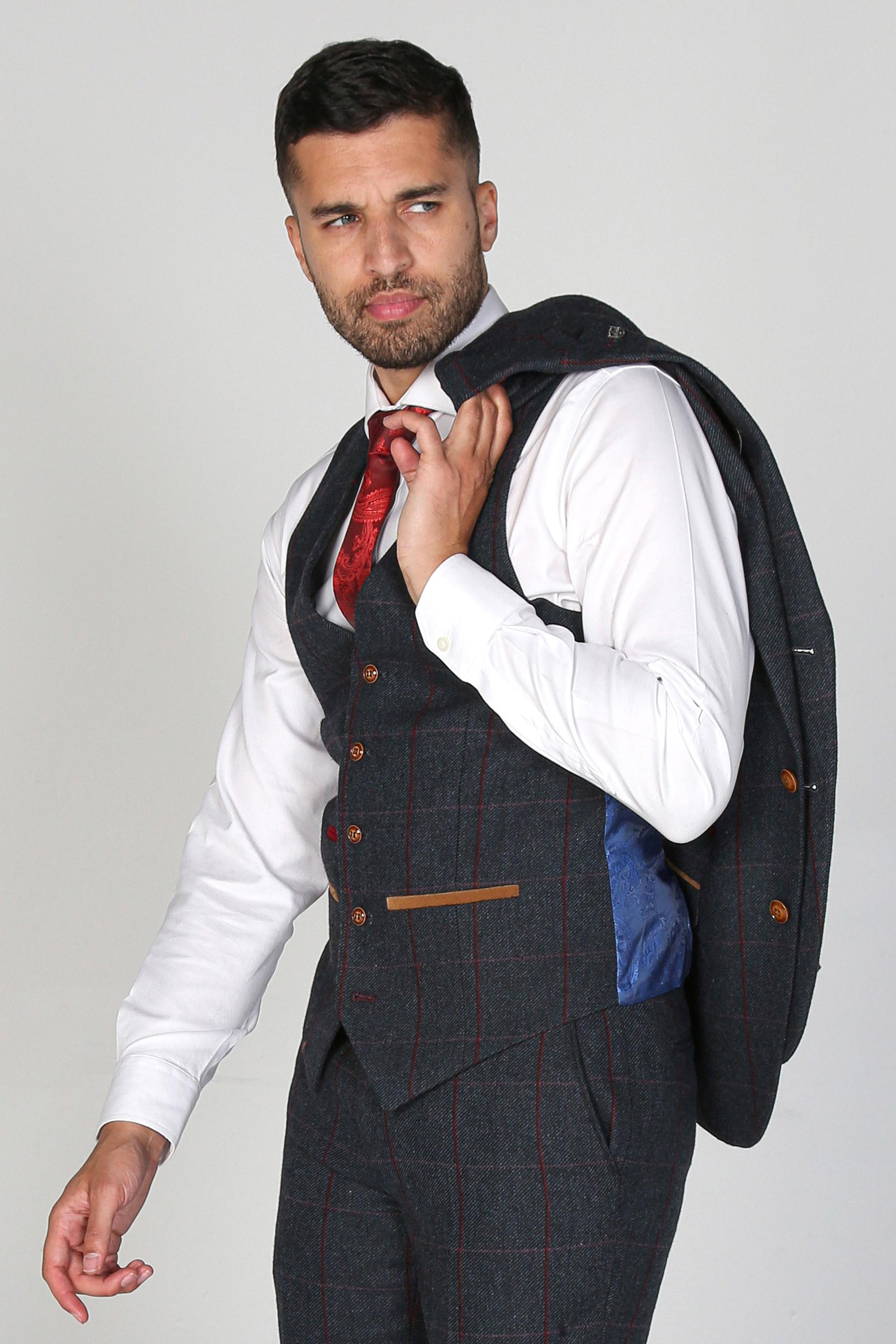 Mens navy herringbone retro waistcoat Madrid