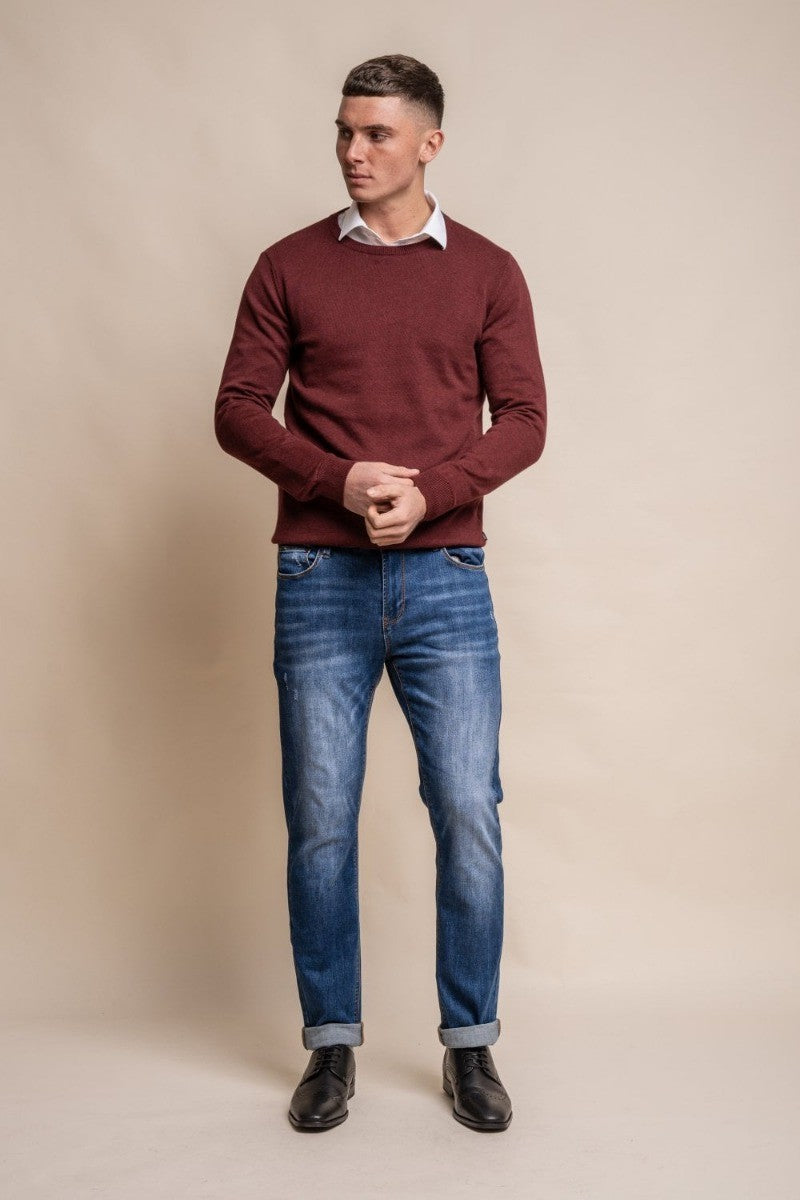 Mens Wine Cotton Slim Fit Crewneck Jumper