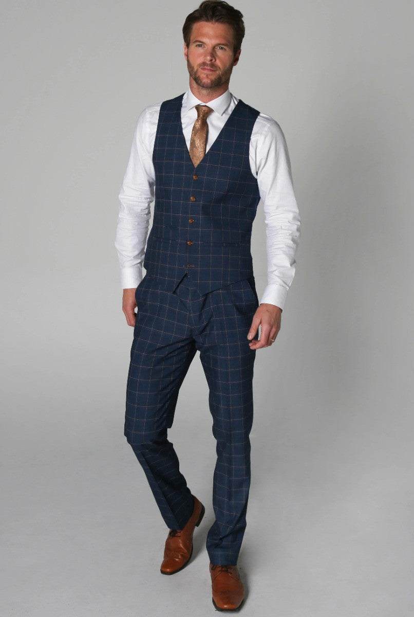 Mens Cornflower Blue Tailored Fit Windowpane Check Suit HAMLEYS