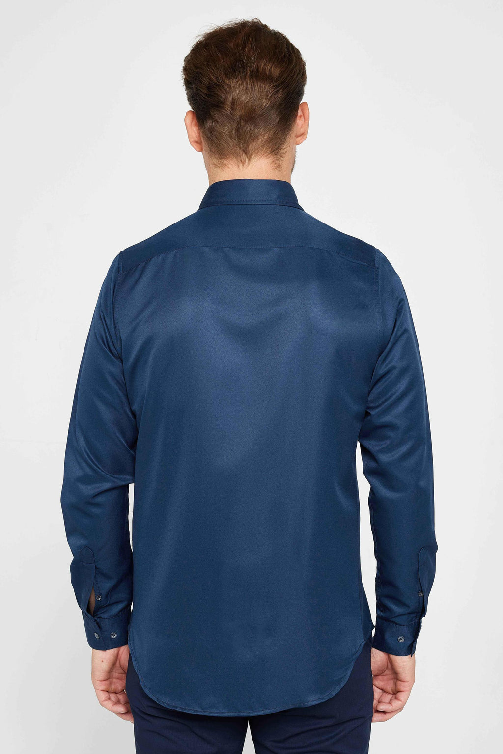 Mens Poly Navy Blue Slim Fit Long Sleeve Dress Shirt