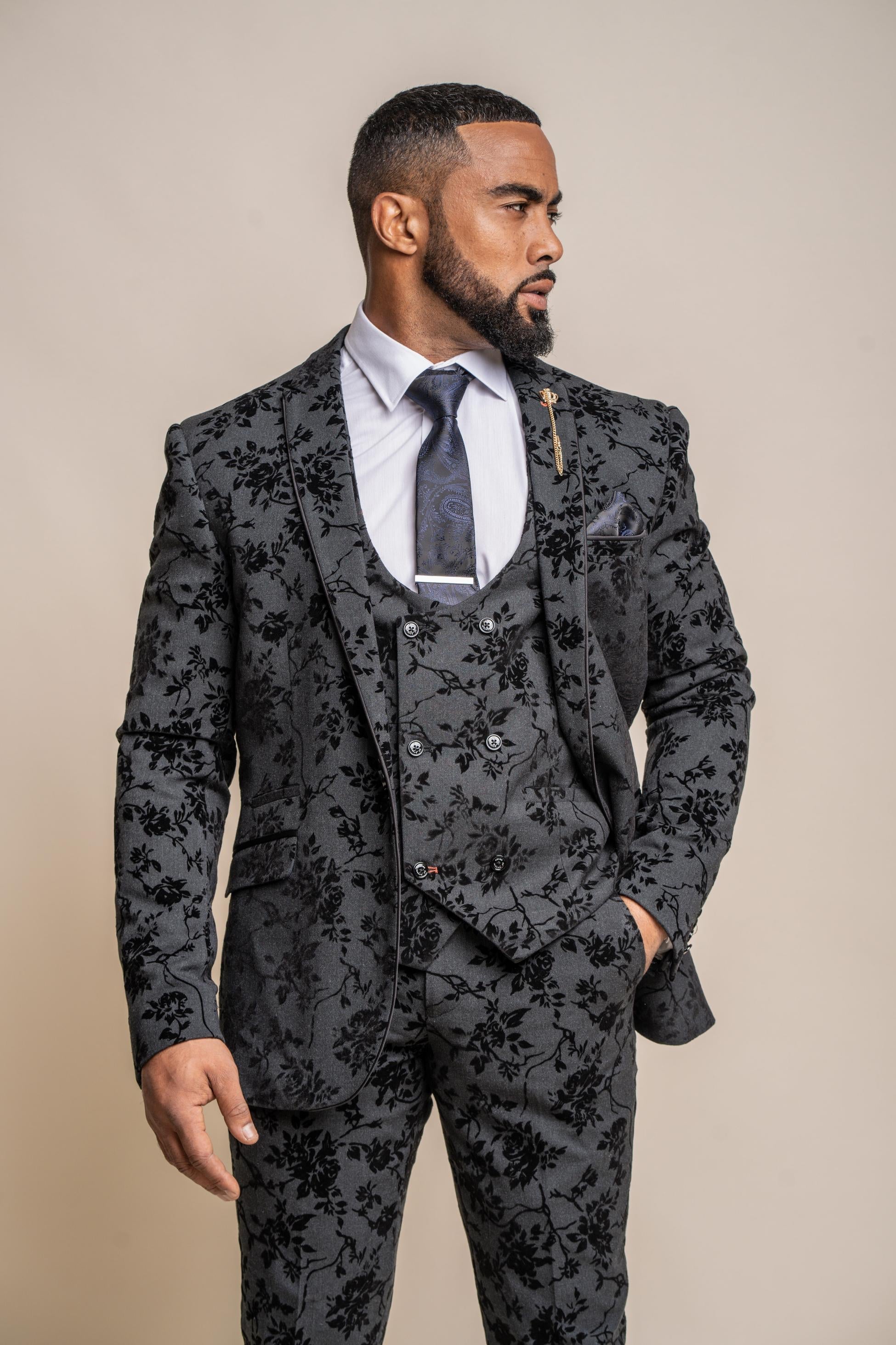 Men’s velvet floral embroidered slim fit formal suit jacket blazer