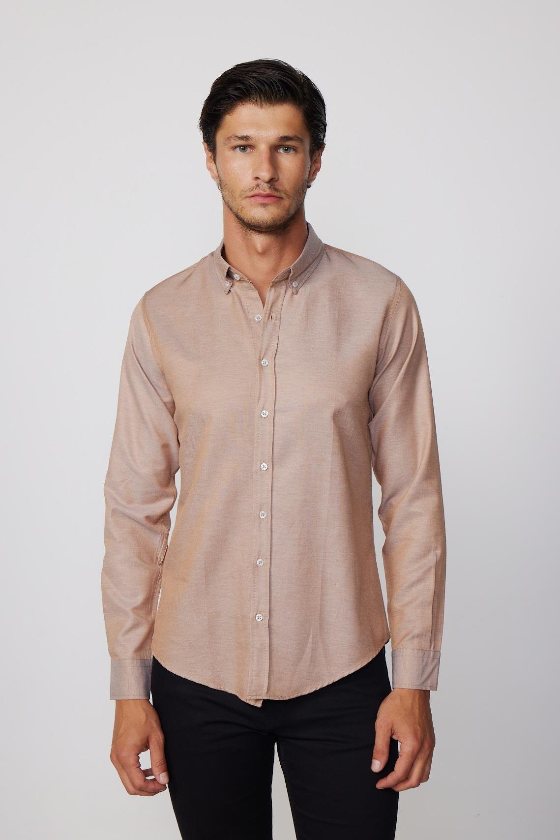 Mens Tan Gabardin Slim Fit Cotton Oxford Button Down Shirt