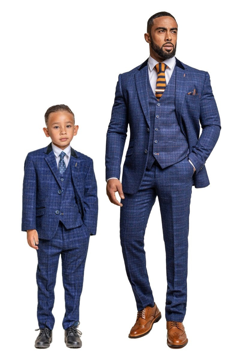 Mens Navy Blue Tweed Check Slim Fit Suit KAISER