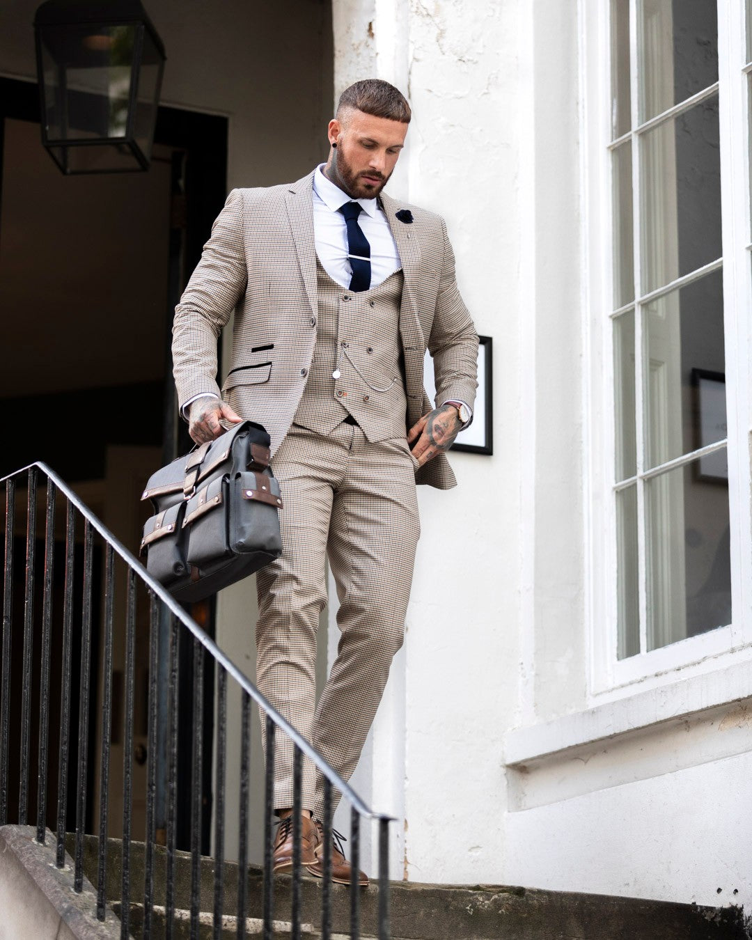 Men’s Tan Houndstooth Check Skinny Fit Suit Jacket ELWOOD