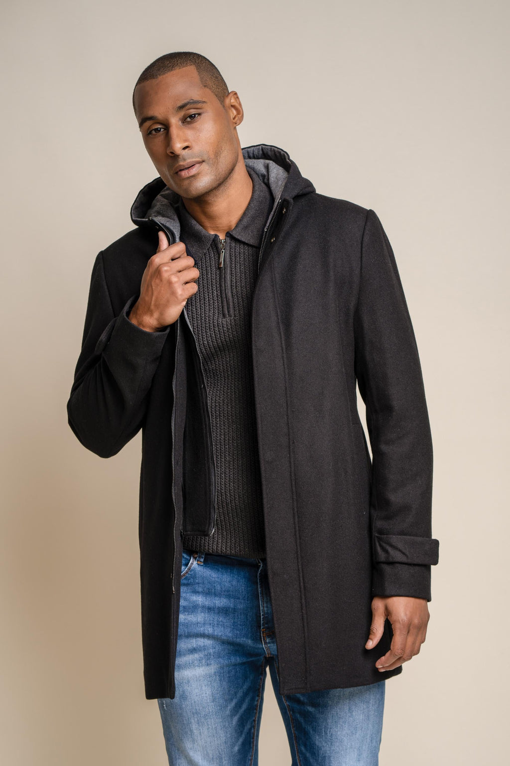 Men’s wool-blend hooded coat in black, MICHIGAN.