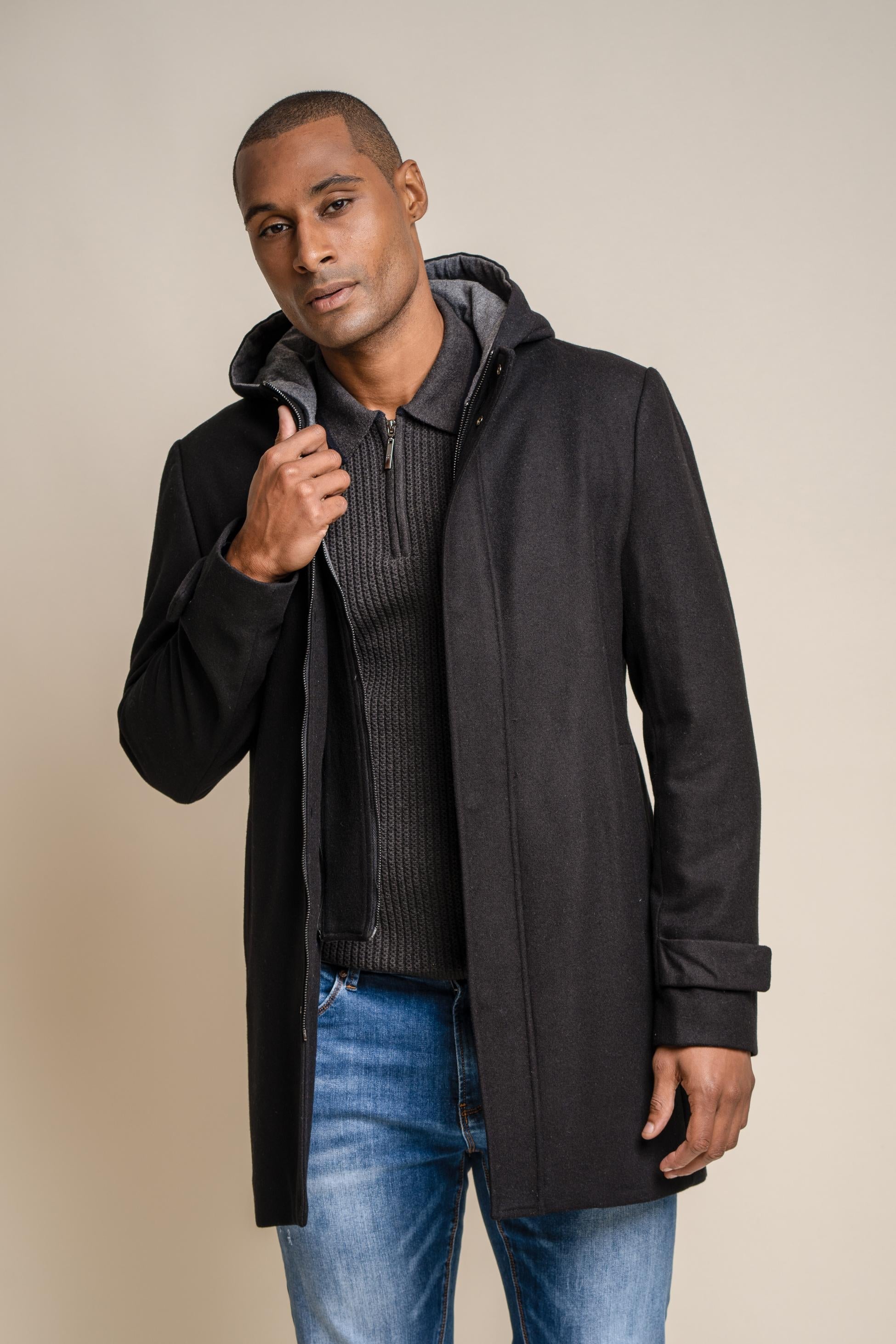 Men’s wool-blend hooded coat in black, MICHIGAN.