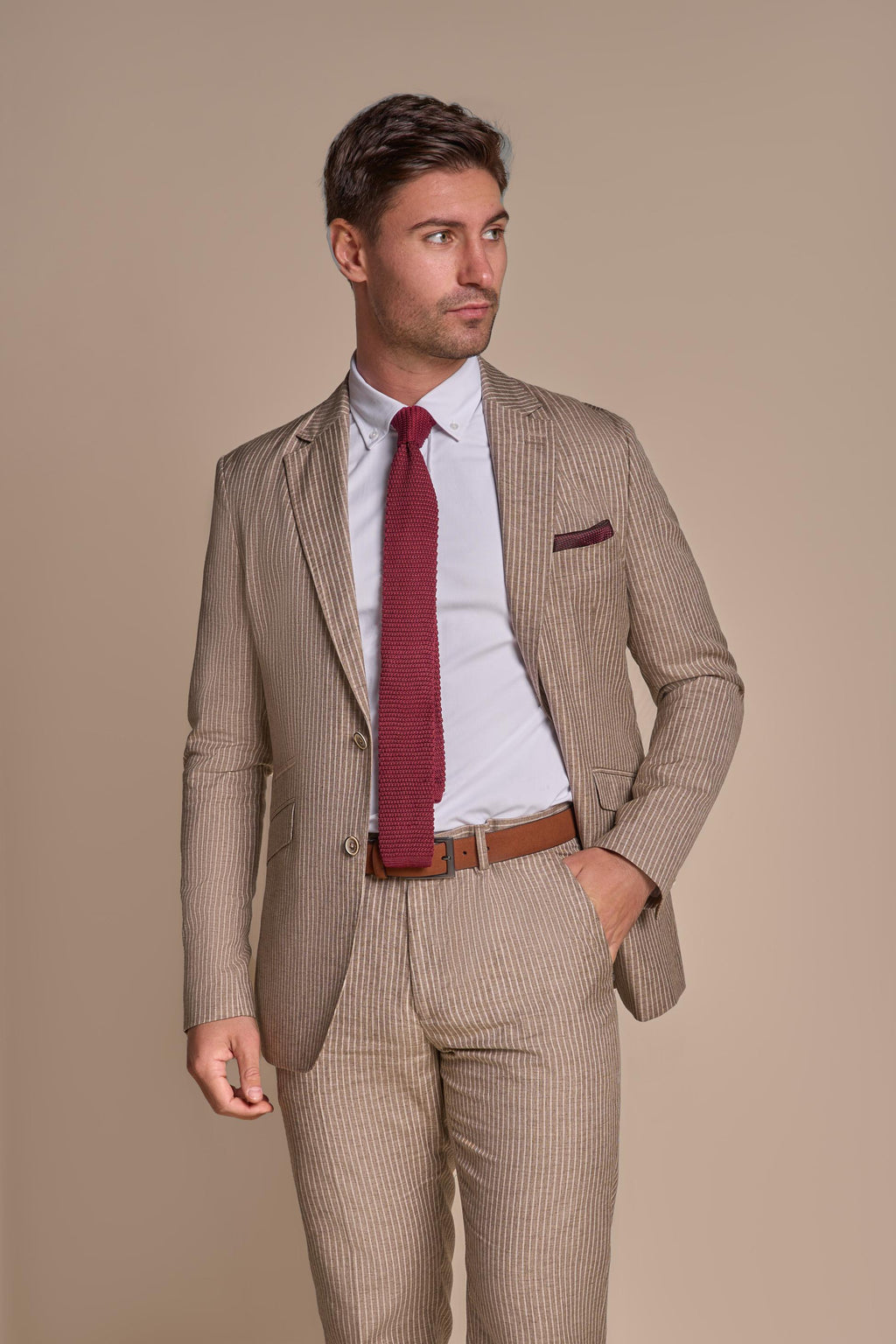 Men’s beige pinstripe slim fit suit jacket KRAKEN for weddings