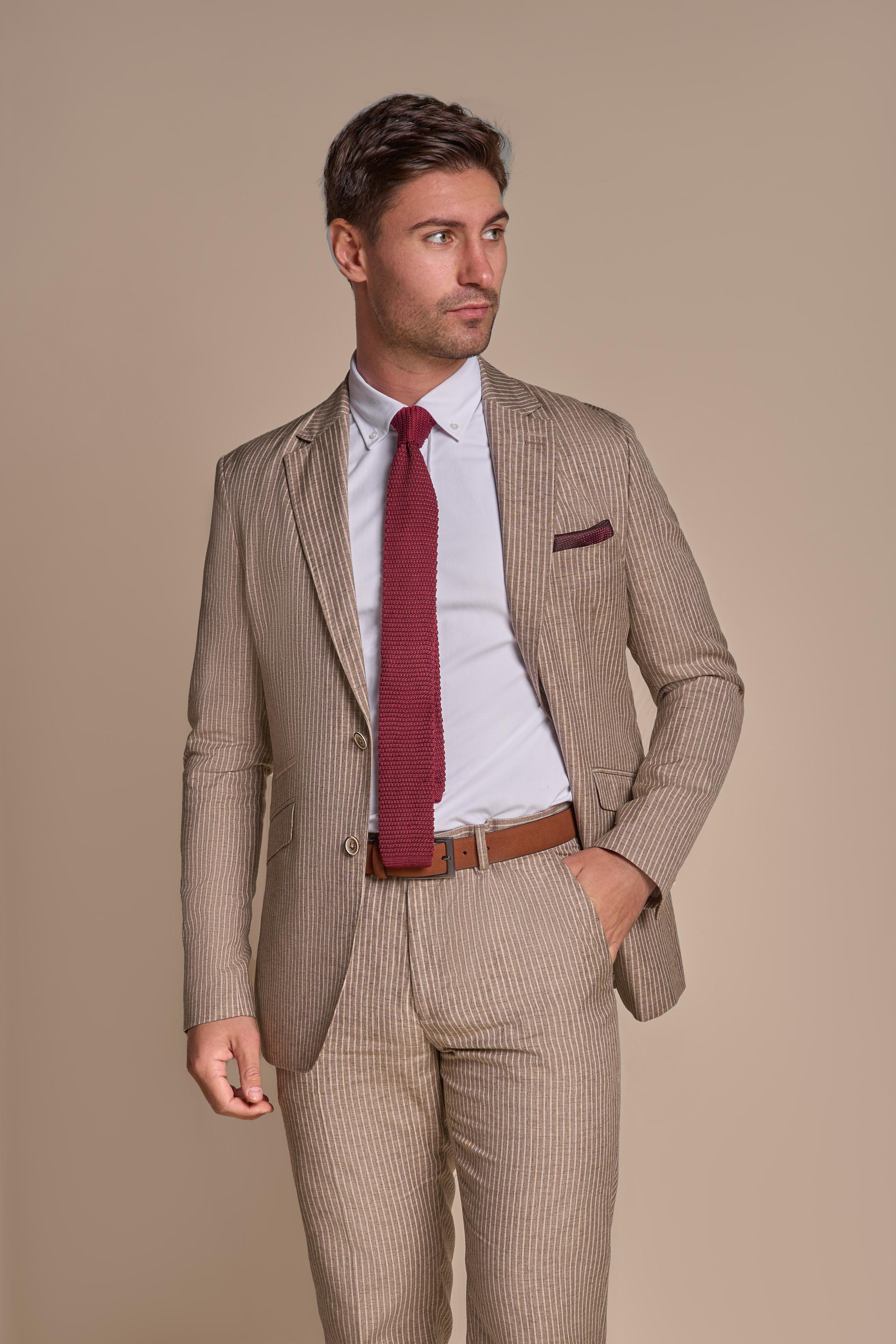 Men’s beige pinstripe slim fit suit jacket KRAKEN for weddings
