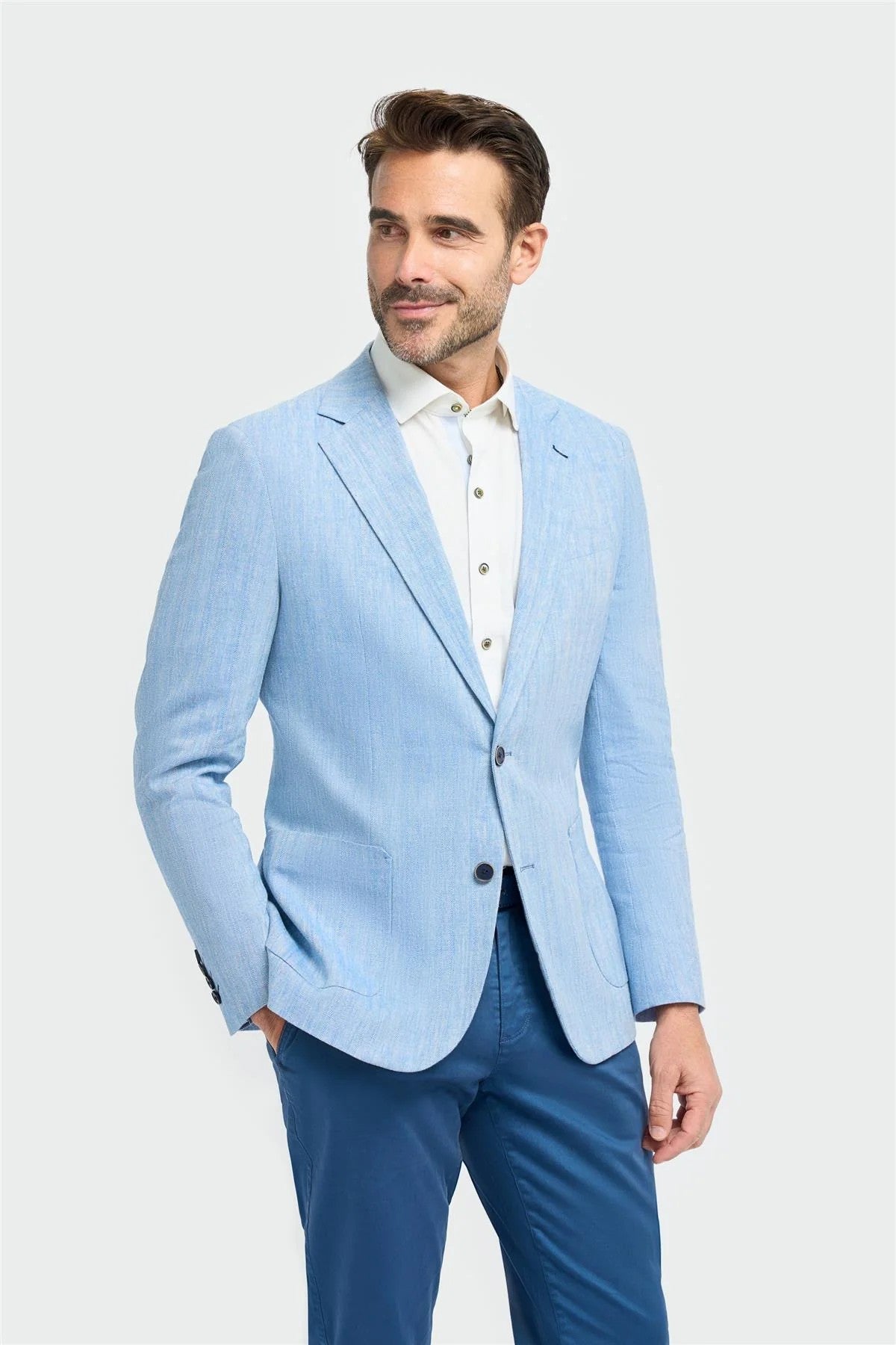 Image of men’s linen herringbone slim fit blazer in light grey