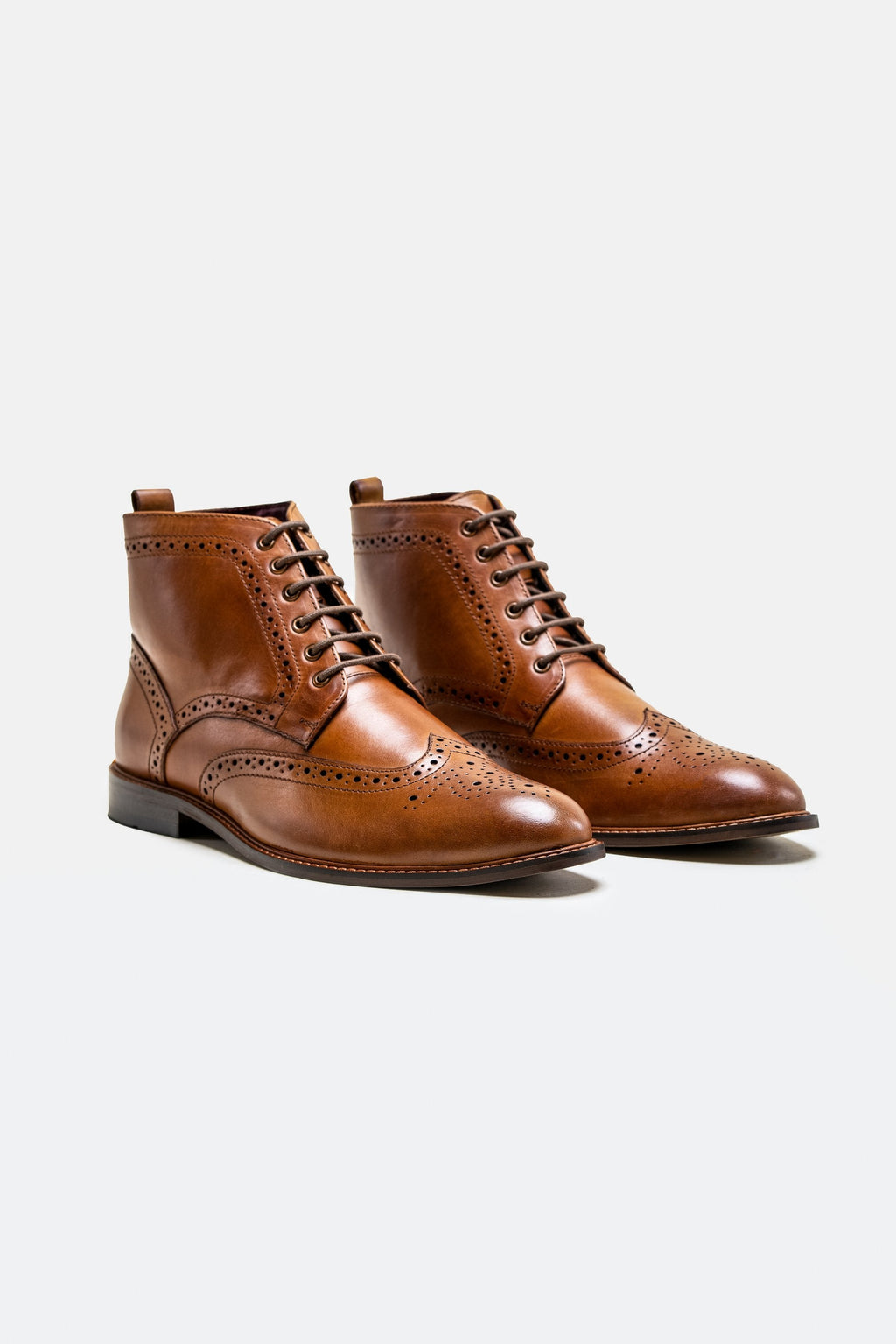 Men's tan brown leather lace-up brogue boots, HOLMES.