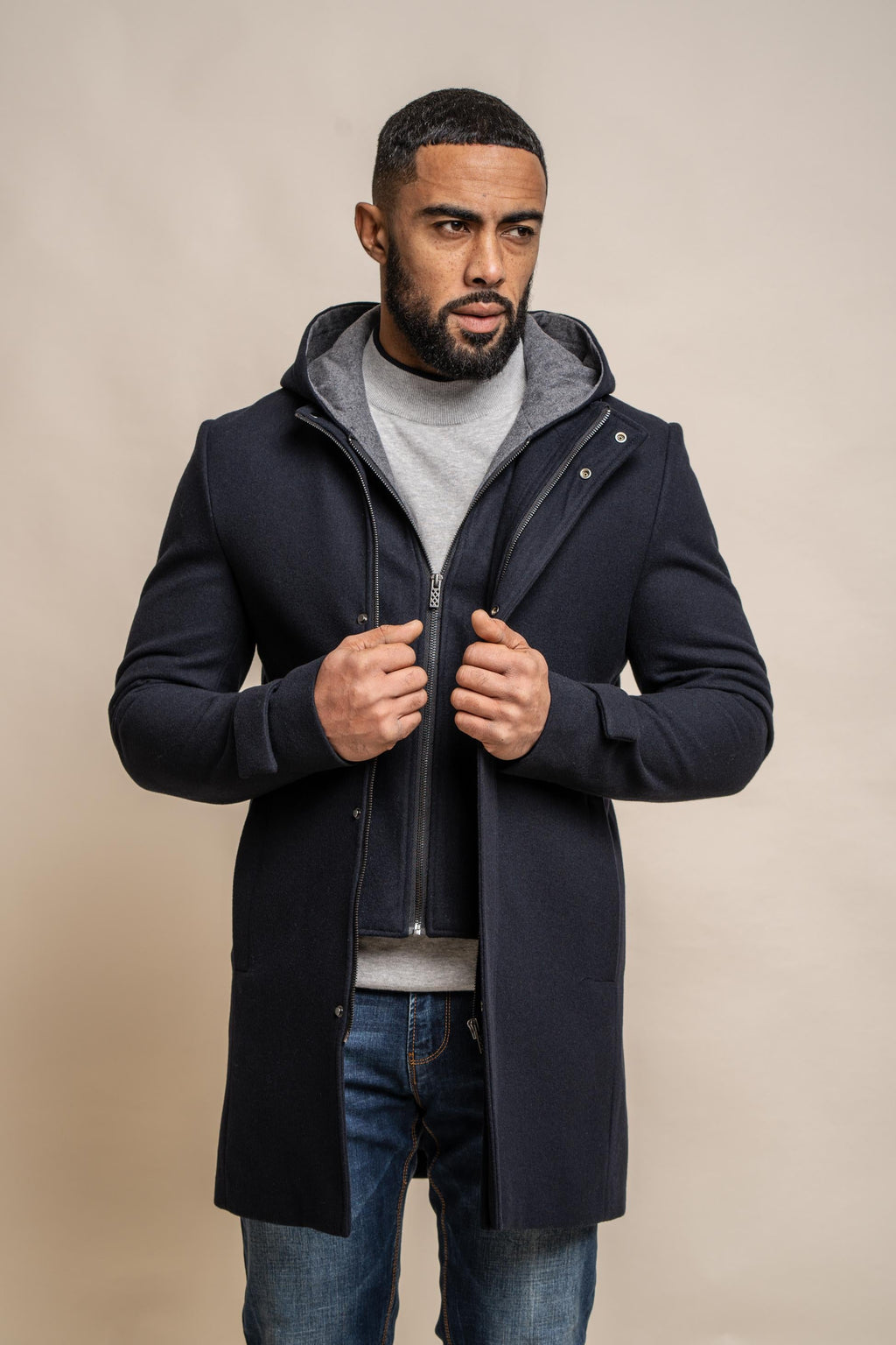 Men’s wool-blend hooded coat in navy blue, MICHIGAN.
