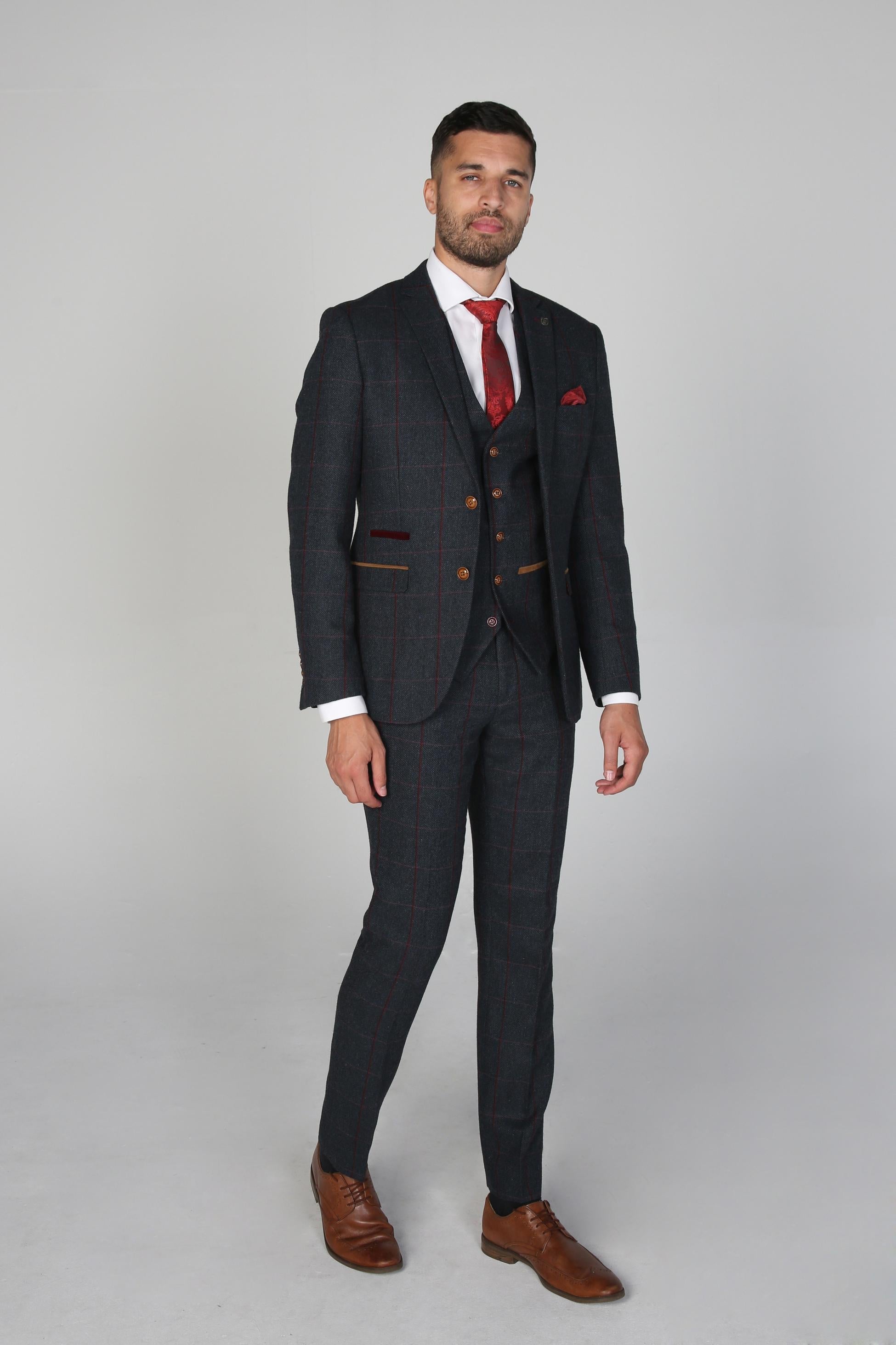 Mens Navy Blue Tweed Windowpane Check Tailored Fit Suit MADRID