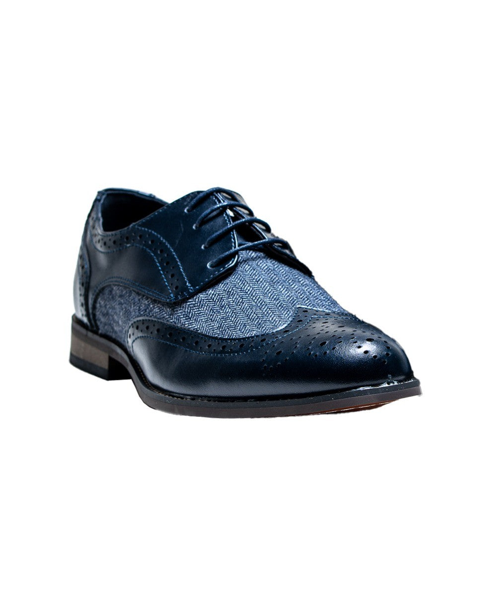 Mens Navy Blue Leather Tweed Retro Derby Brogue Shoes OLIVER