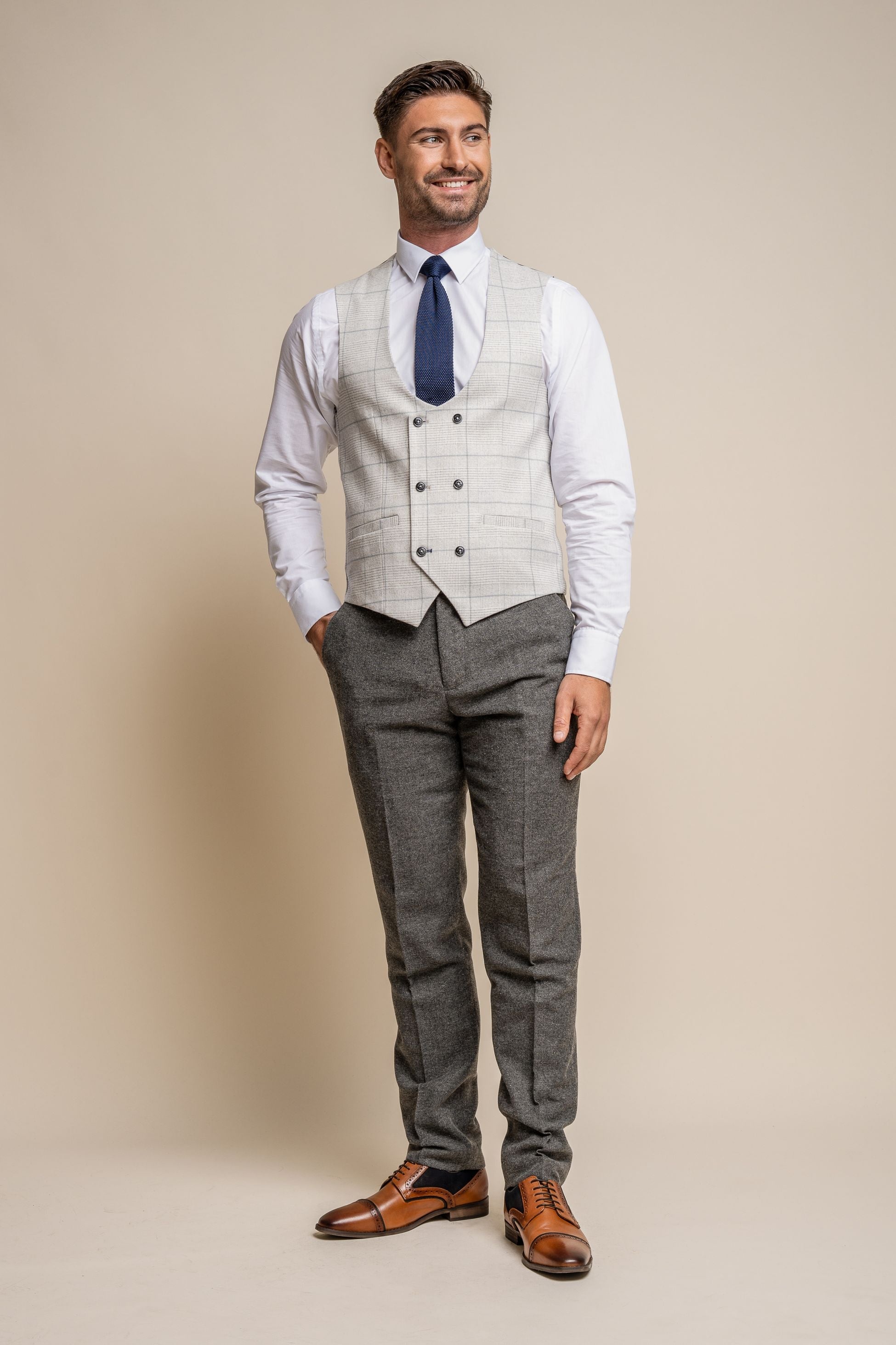 Men's Martez-Radika Herringbone Suit with Double-Breasted Waistcoat Set
